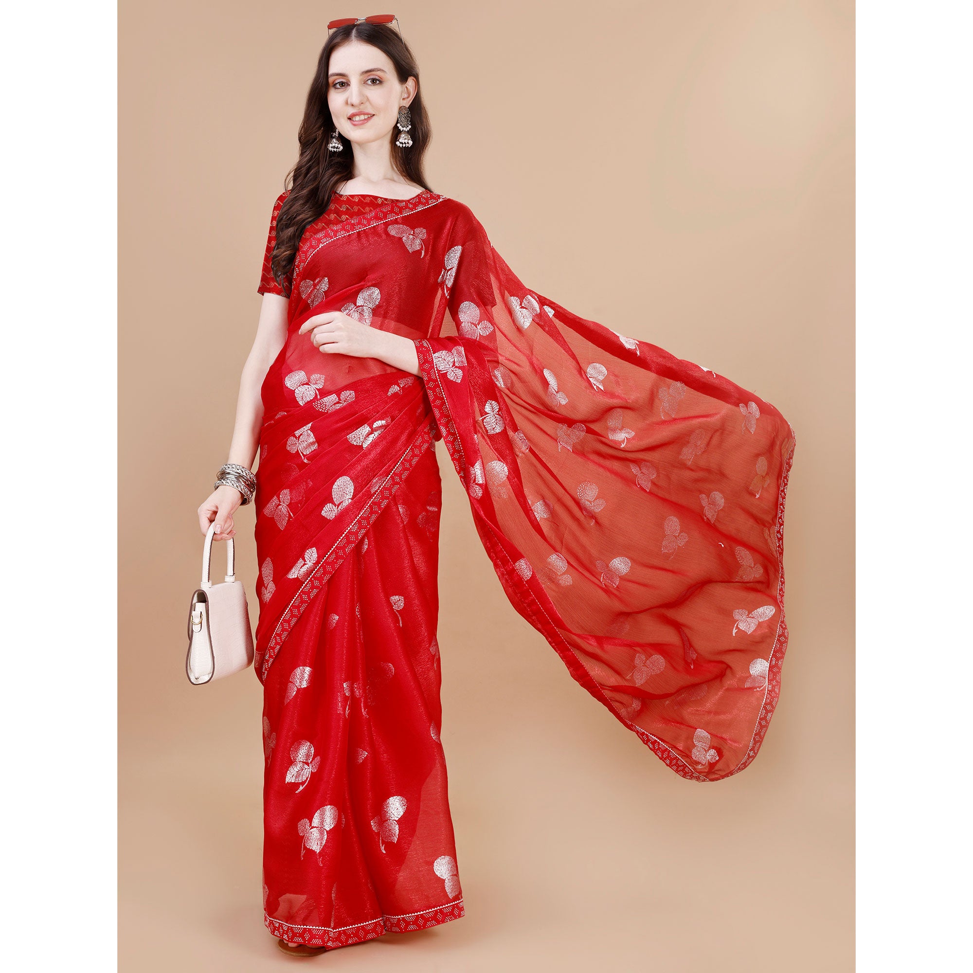 Red Floral Foil Printed Chiffon Saree
