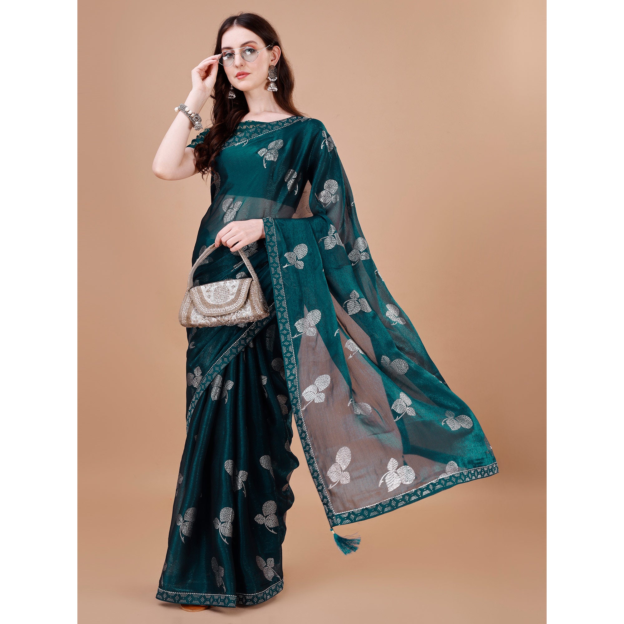 Blue Floral Foil Printed Chiffon Saree