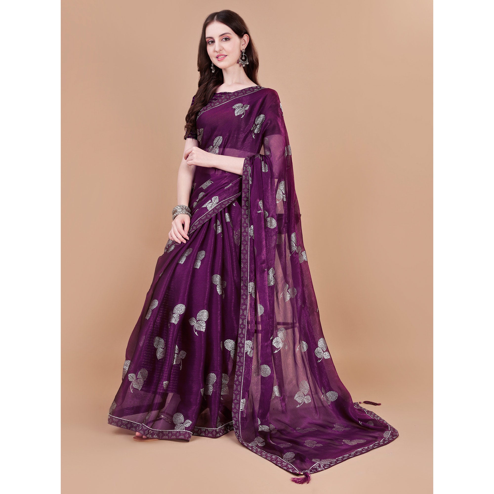Purple Floral Foil Printed Chiffon Saree