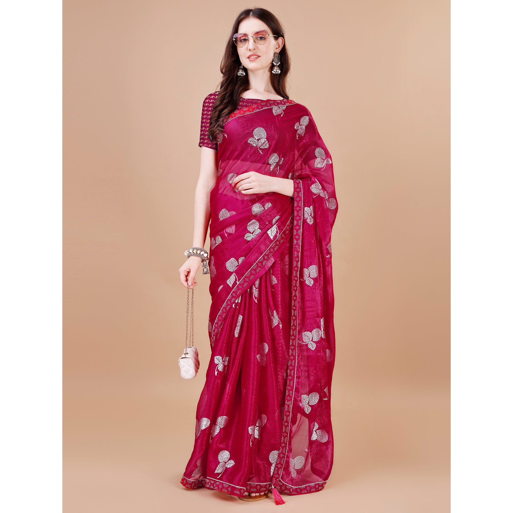 Pink Floral Foil Printed Chiffon Saree