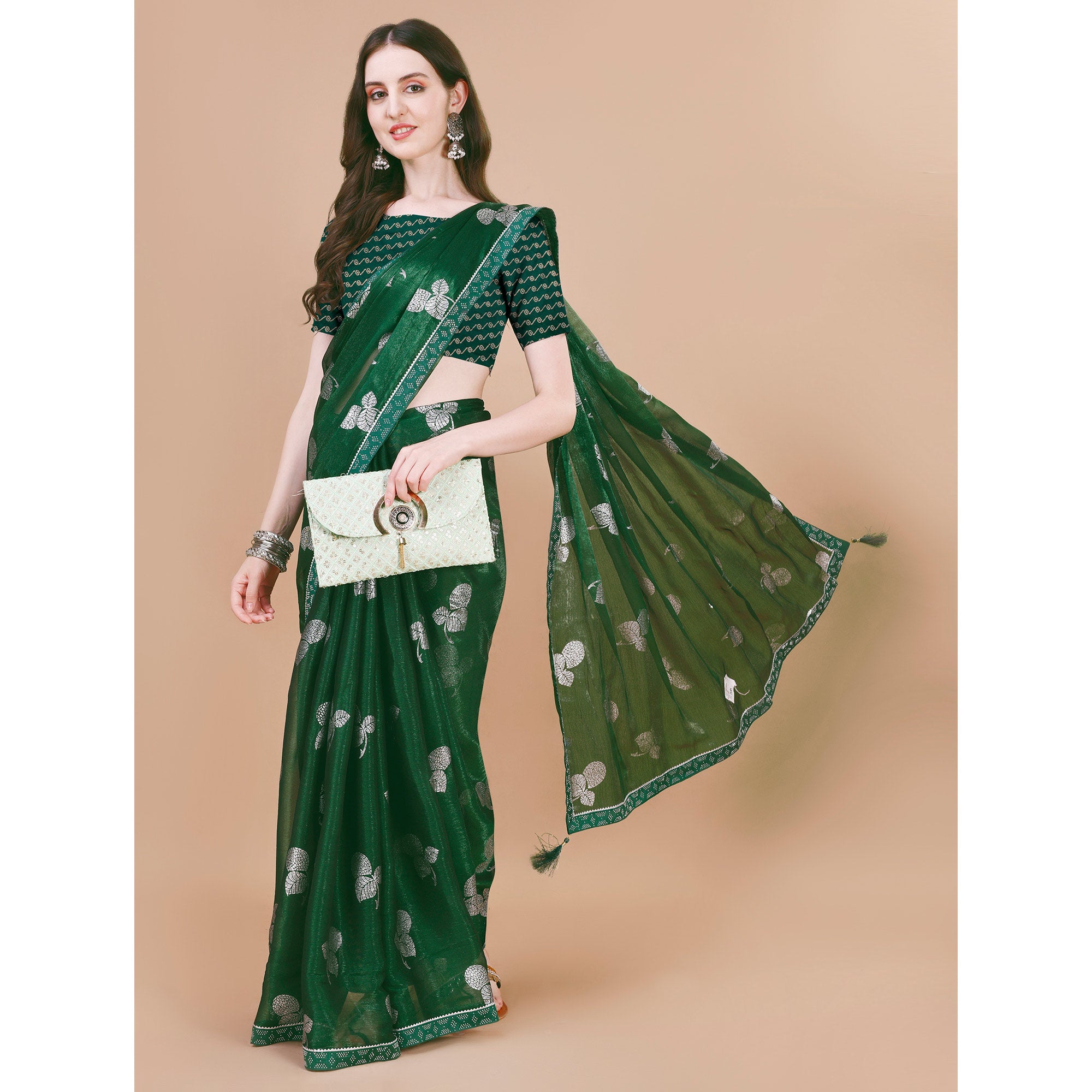 Green Floral Foil Printed Chiffon Saree