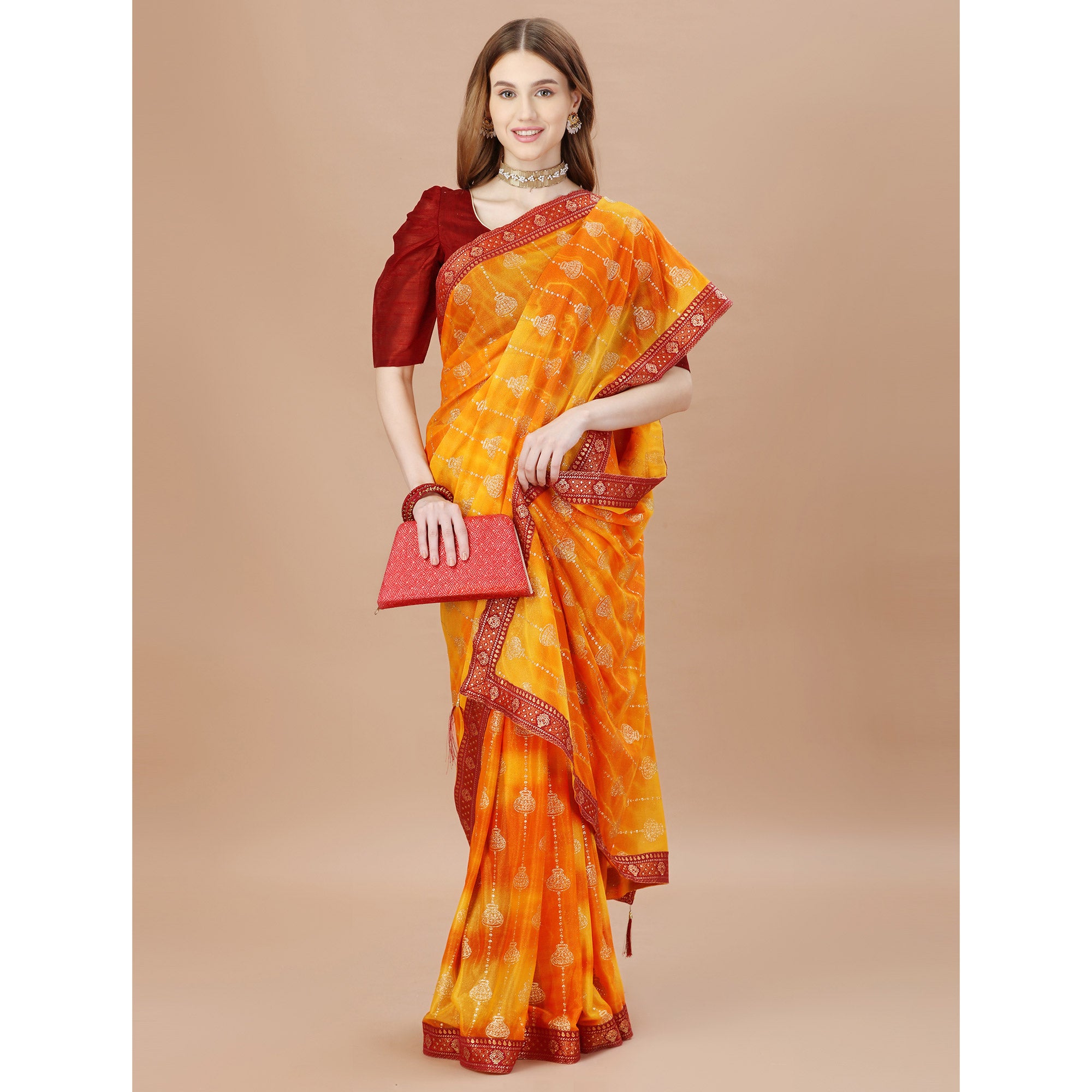 Orange Foil Printed Lycra Saree With Lace Border