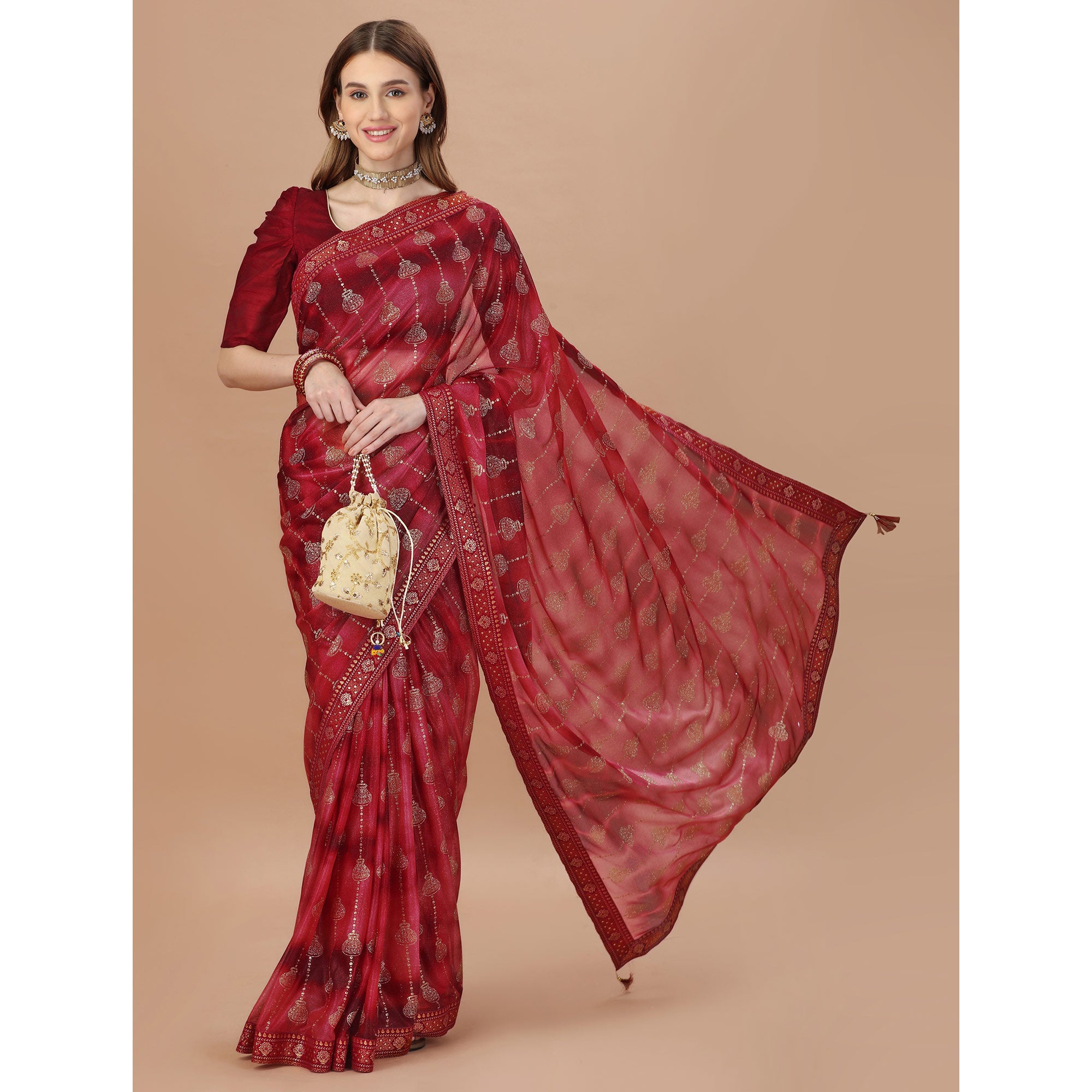 Maroon Foil Printed Lycra Saree With Lace Border