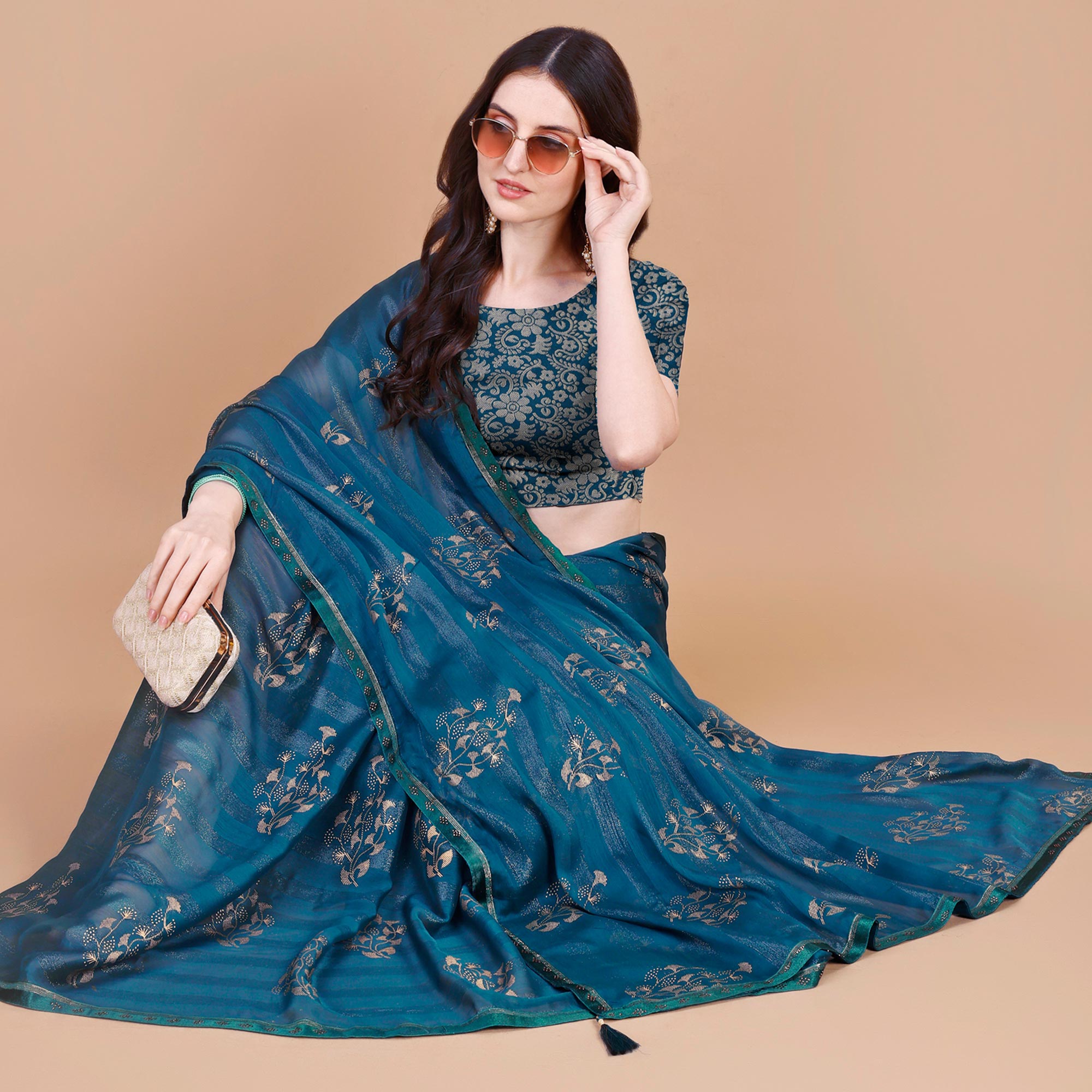 Blue Foil Printed Chiffon Saree With Lace Border