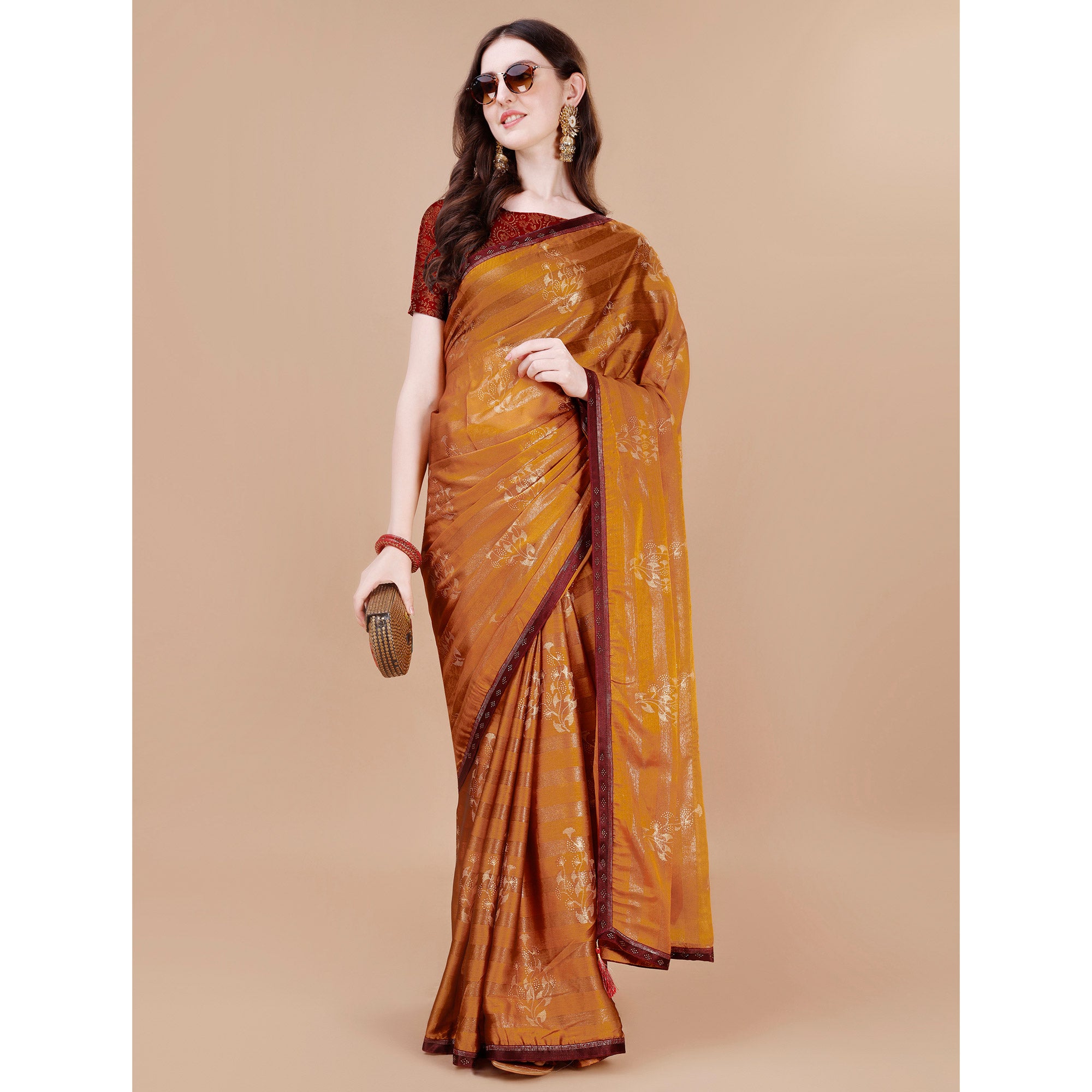 Mustard Foil Printed Chiffon Saree With Lace Border