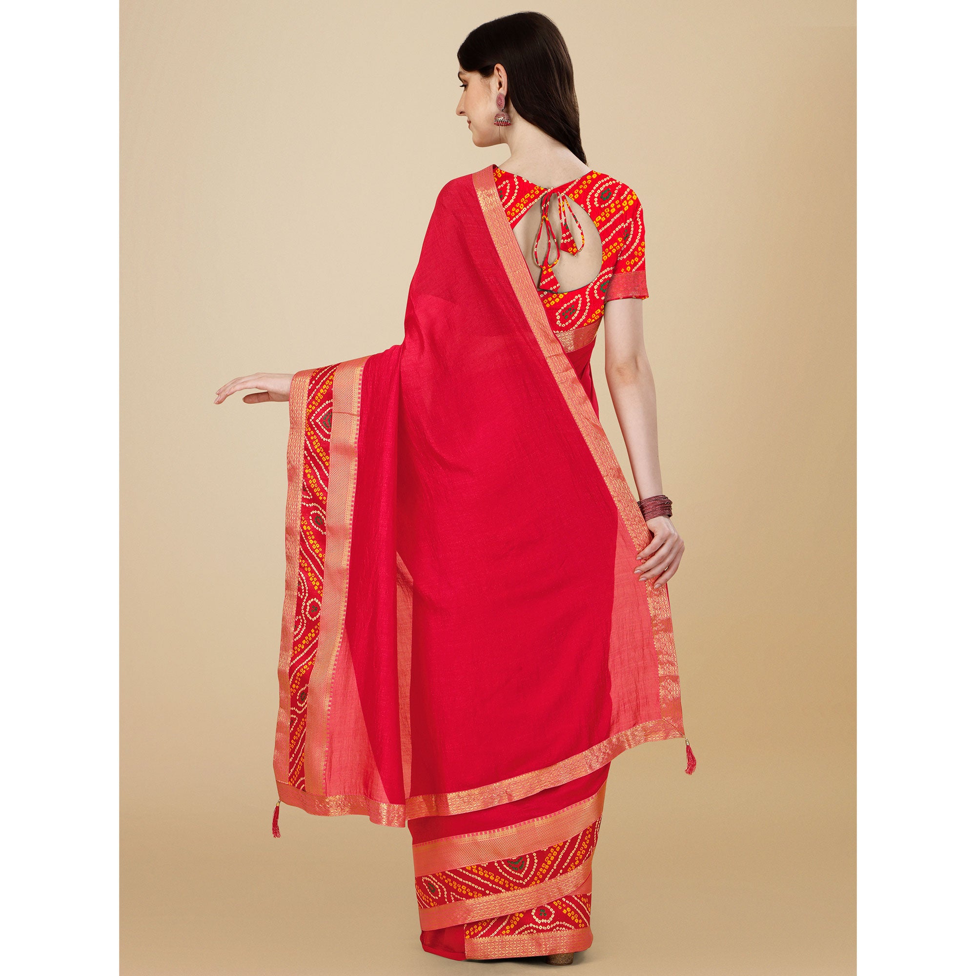 Pink Solid Vichitra Silk Saree