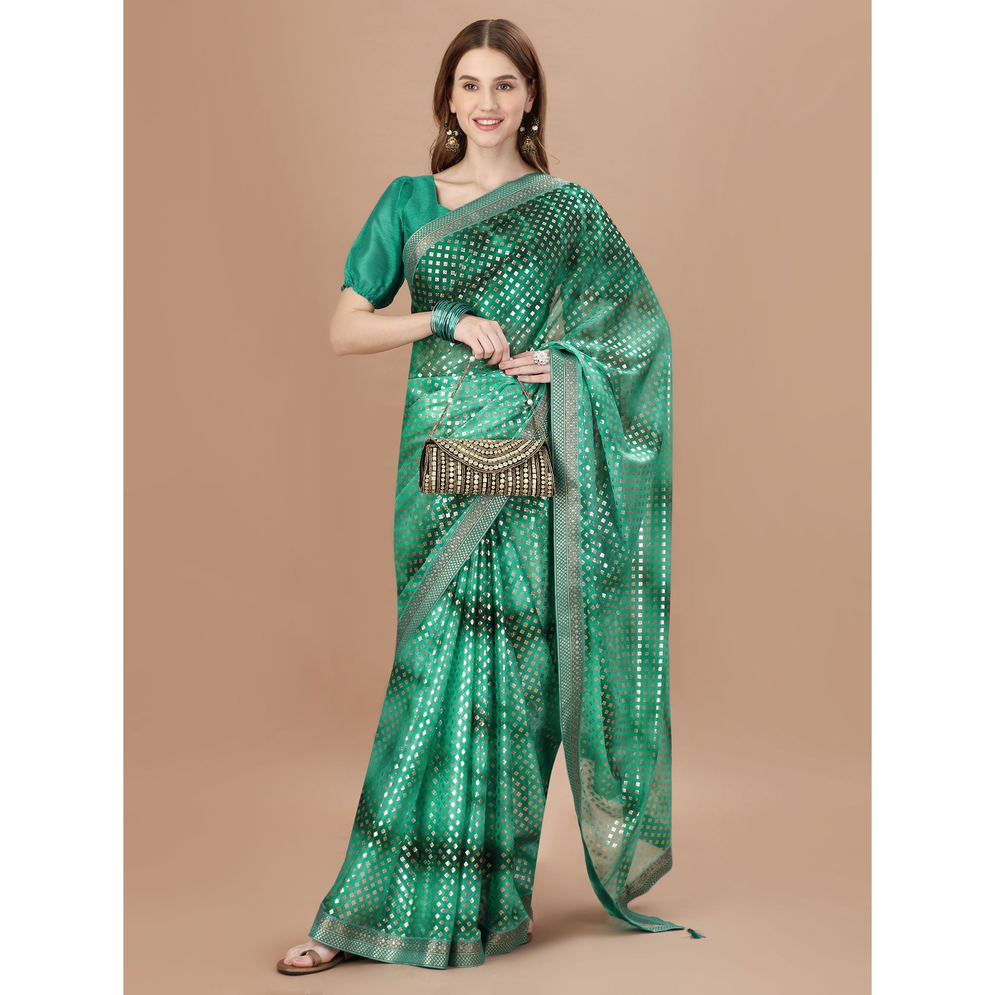 Green Foil Printed Lycra Saree With Lace Border