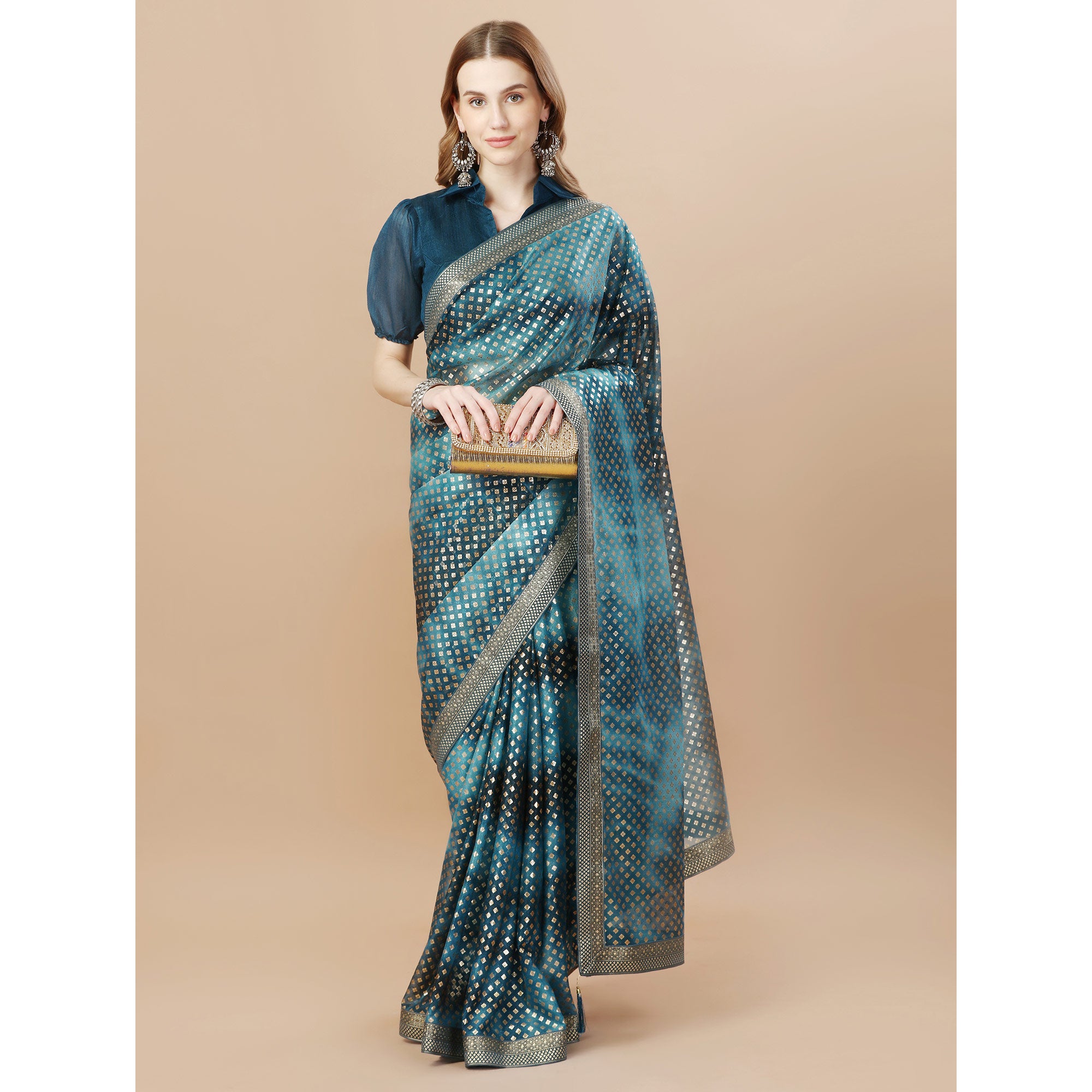 Blue Foil Printed Lycra Saree With Lace Border