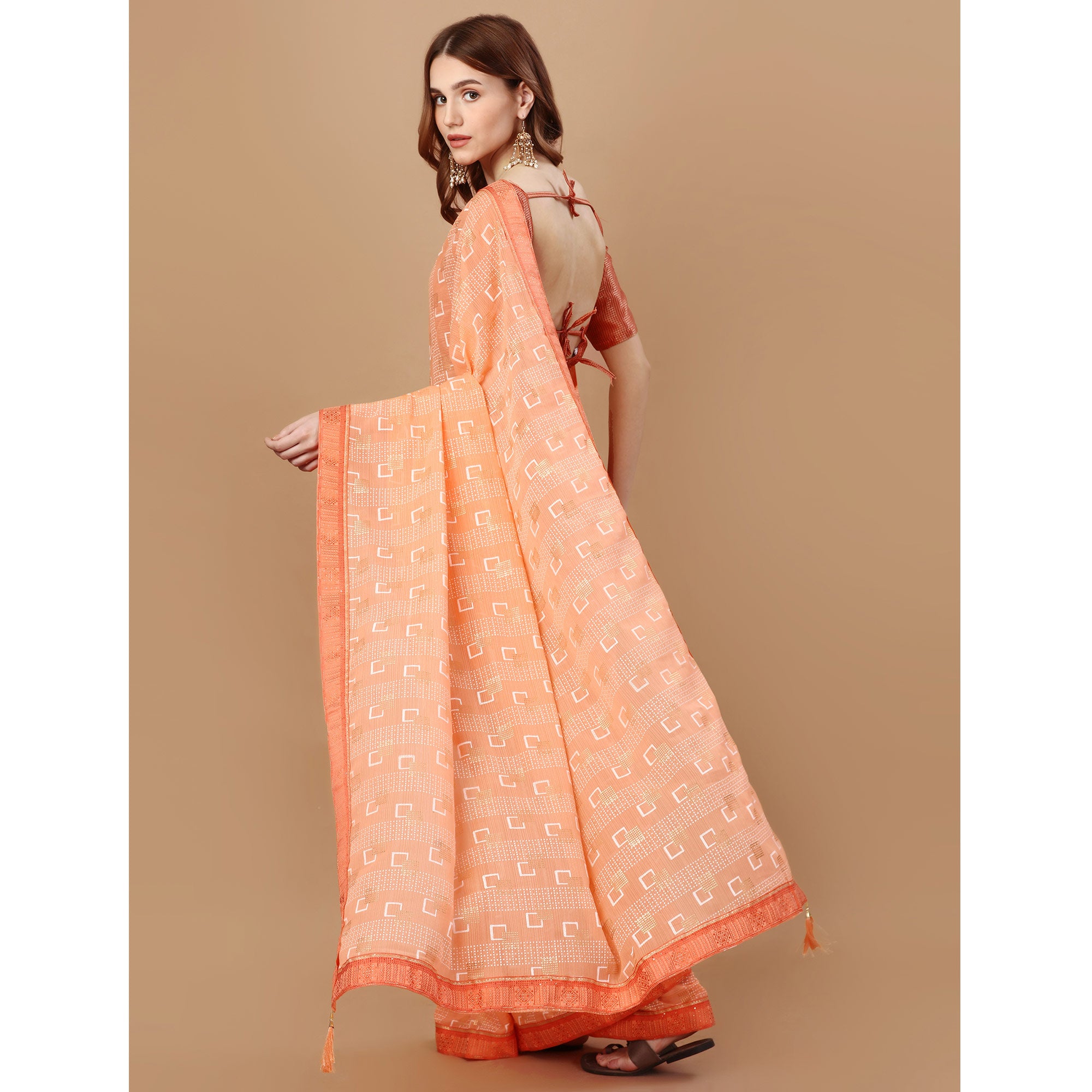 Peach Foil Printed Chiffon Saree With Lace Border