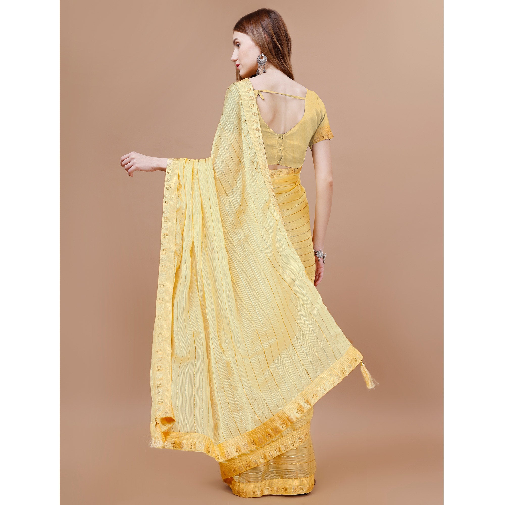 Yellow Zari Work Chiffon Saree
