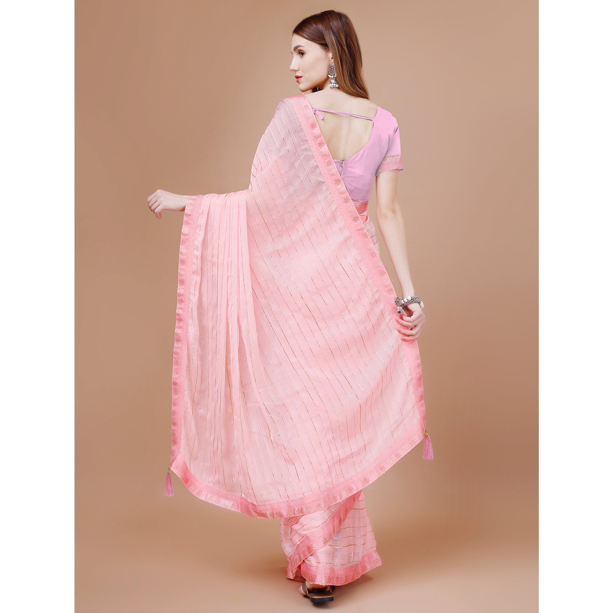 Baby Pink Zari Work Chiffon Saree