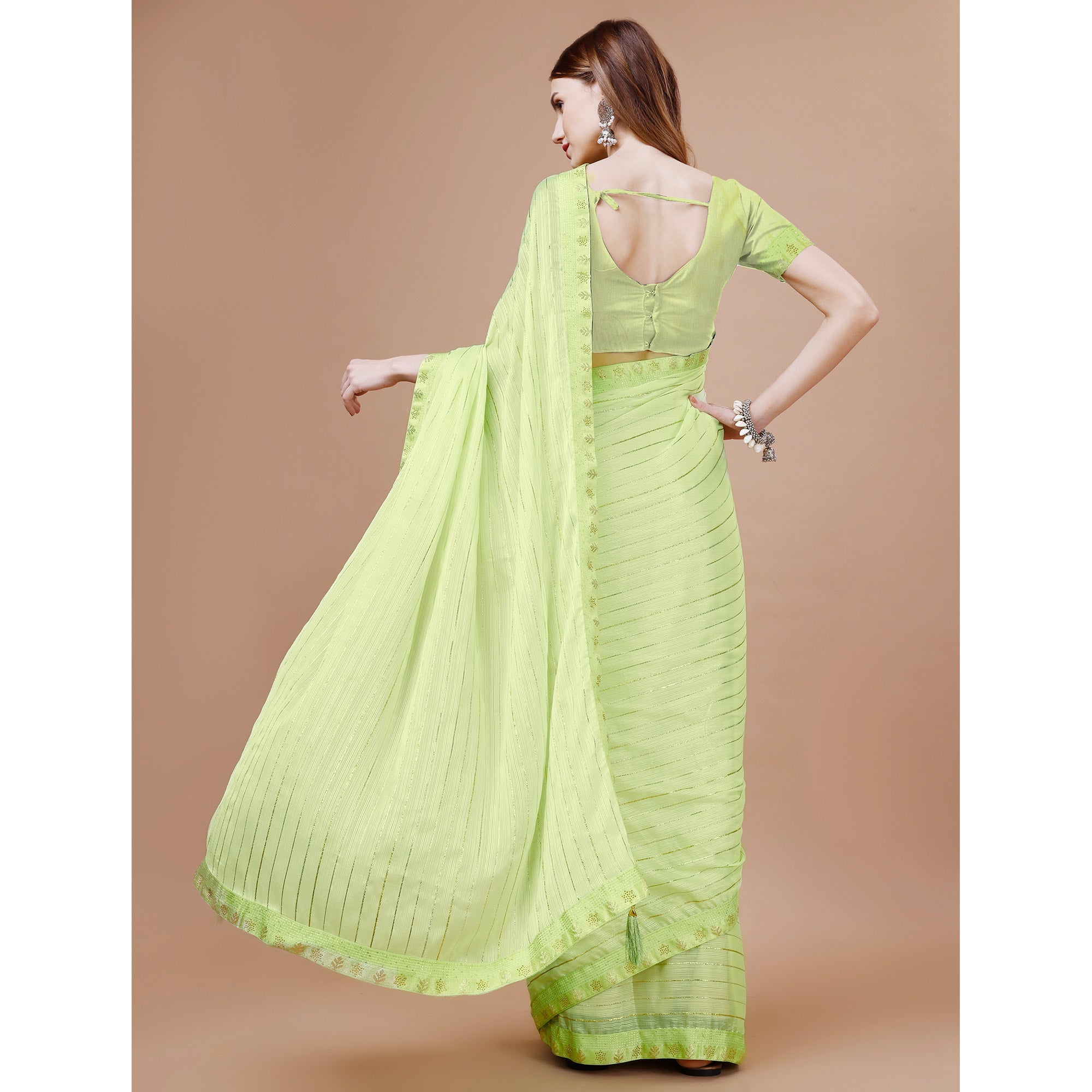 Lemon Green Zari Work Chiffon Saree