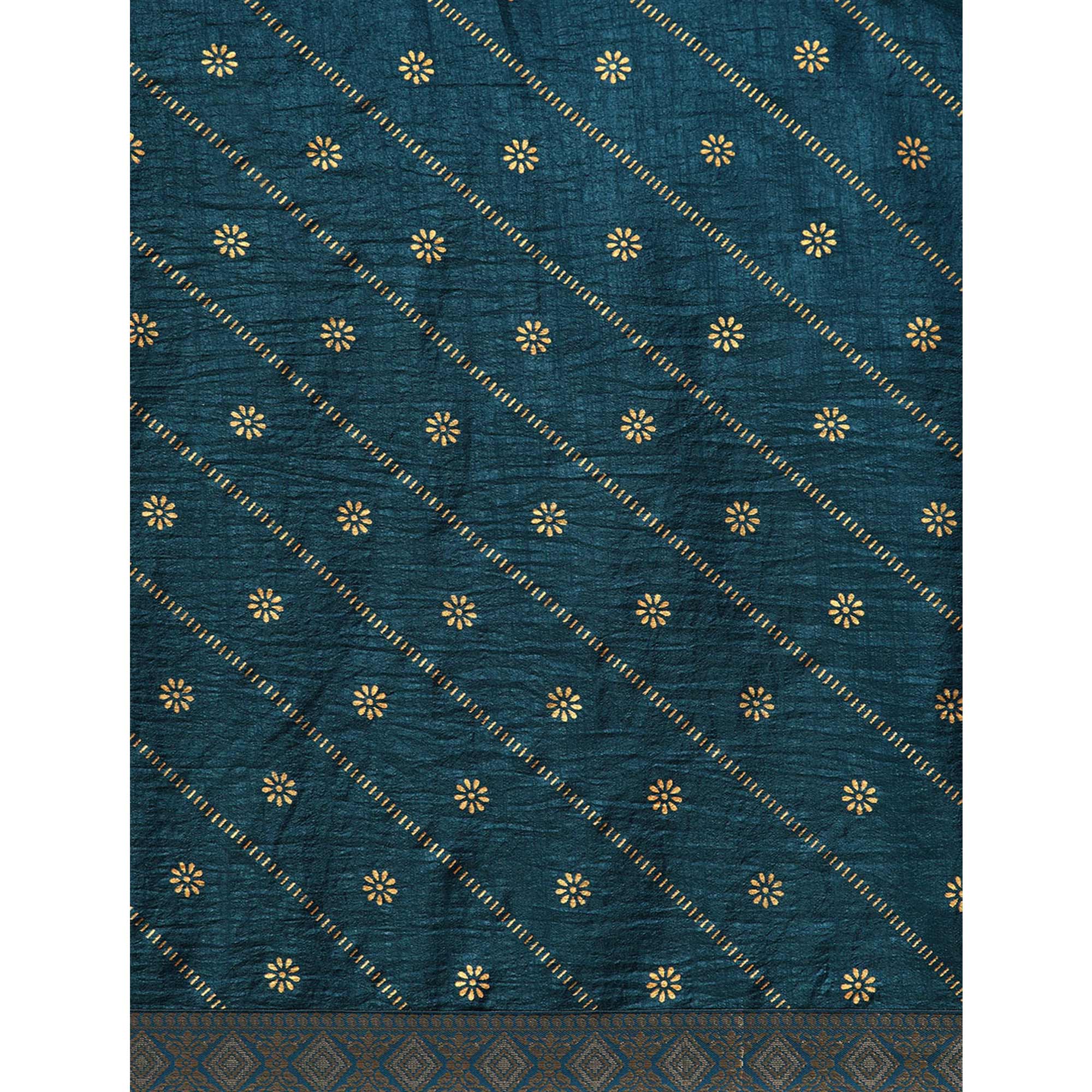 Blue Floral Foil Printed Vichitra Silk Saree