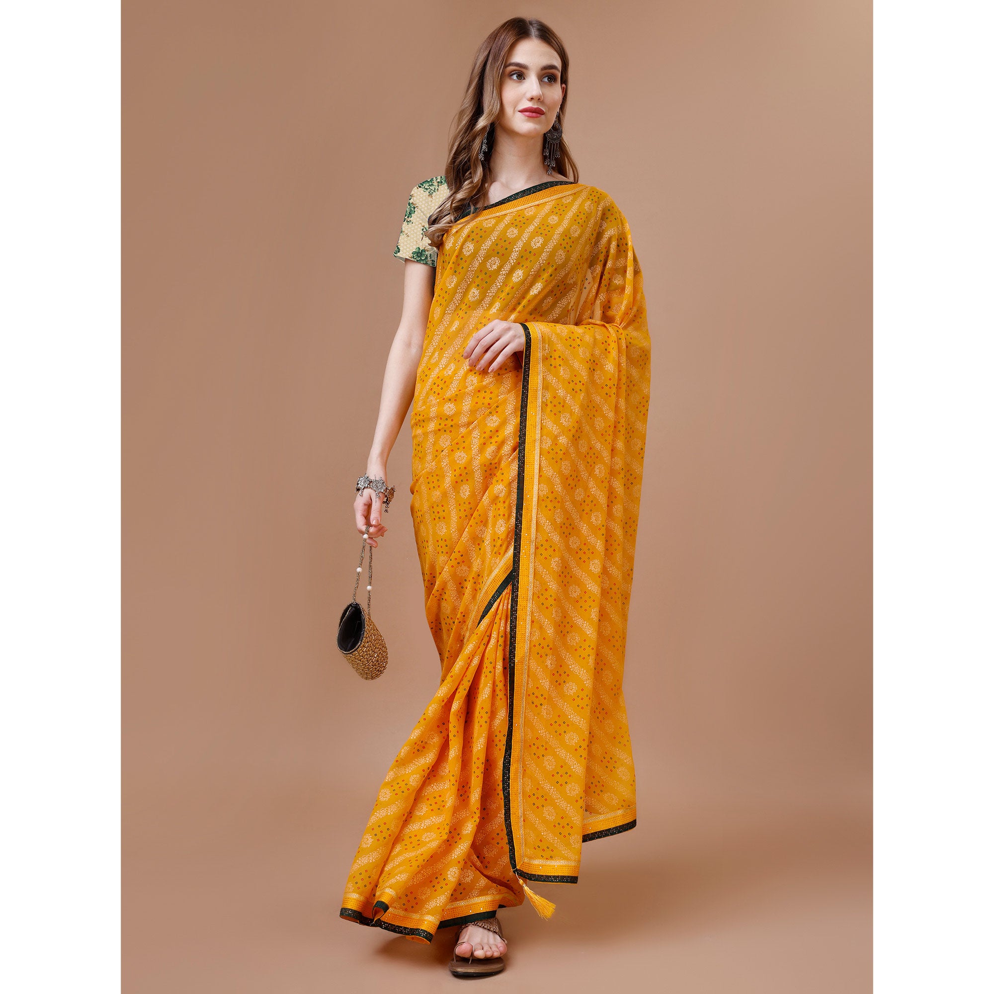 Yellow Floral Foil Printed Chiffon Saree With Lace Border