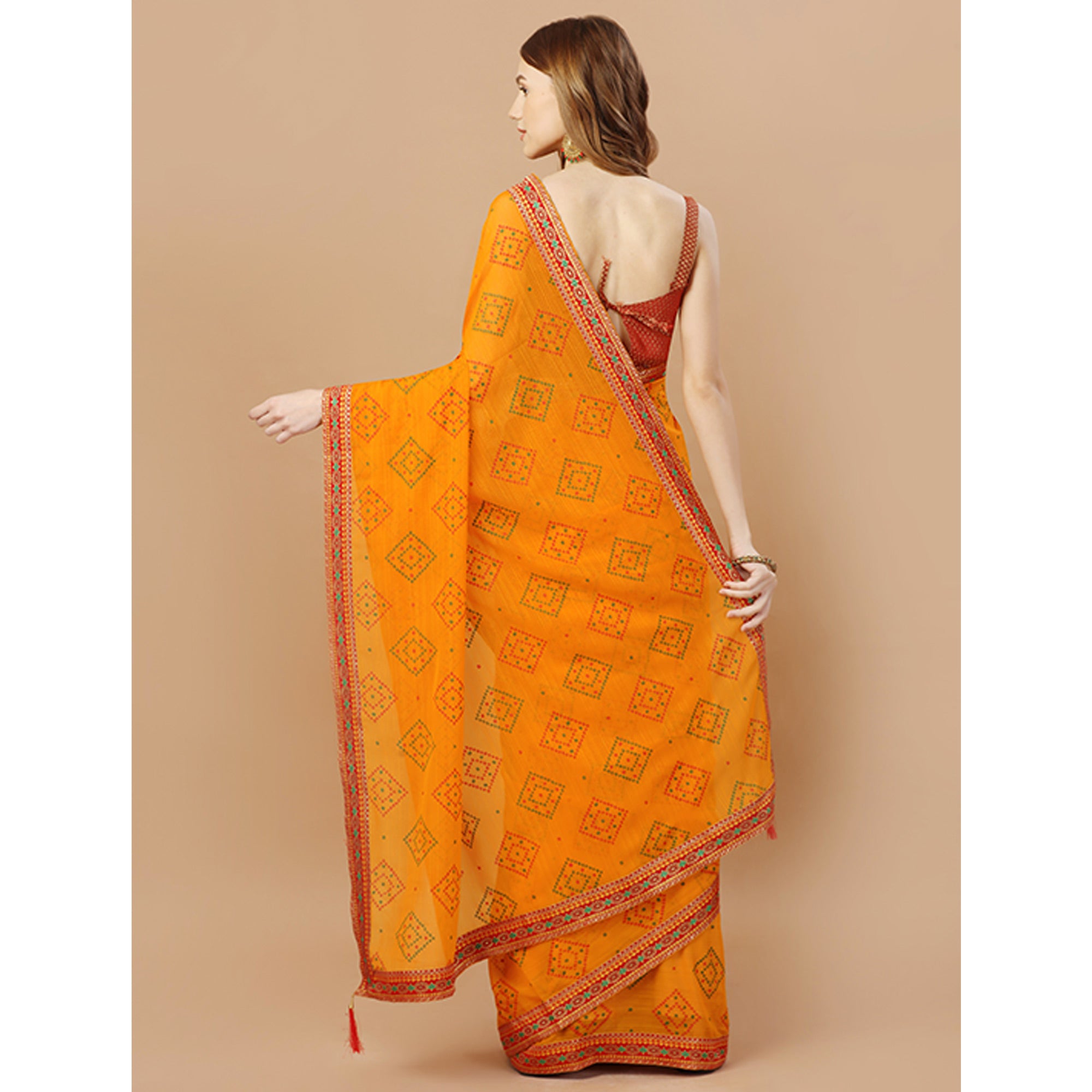 Yellow Bandhani Printed Chiffon Saree