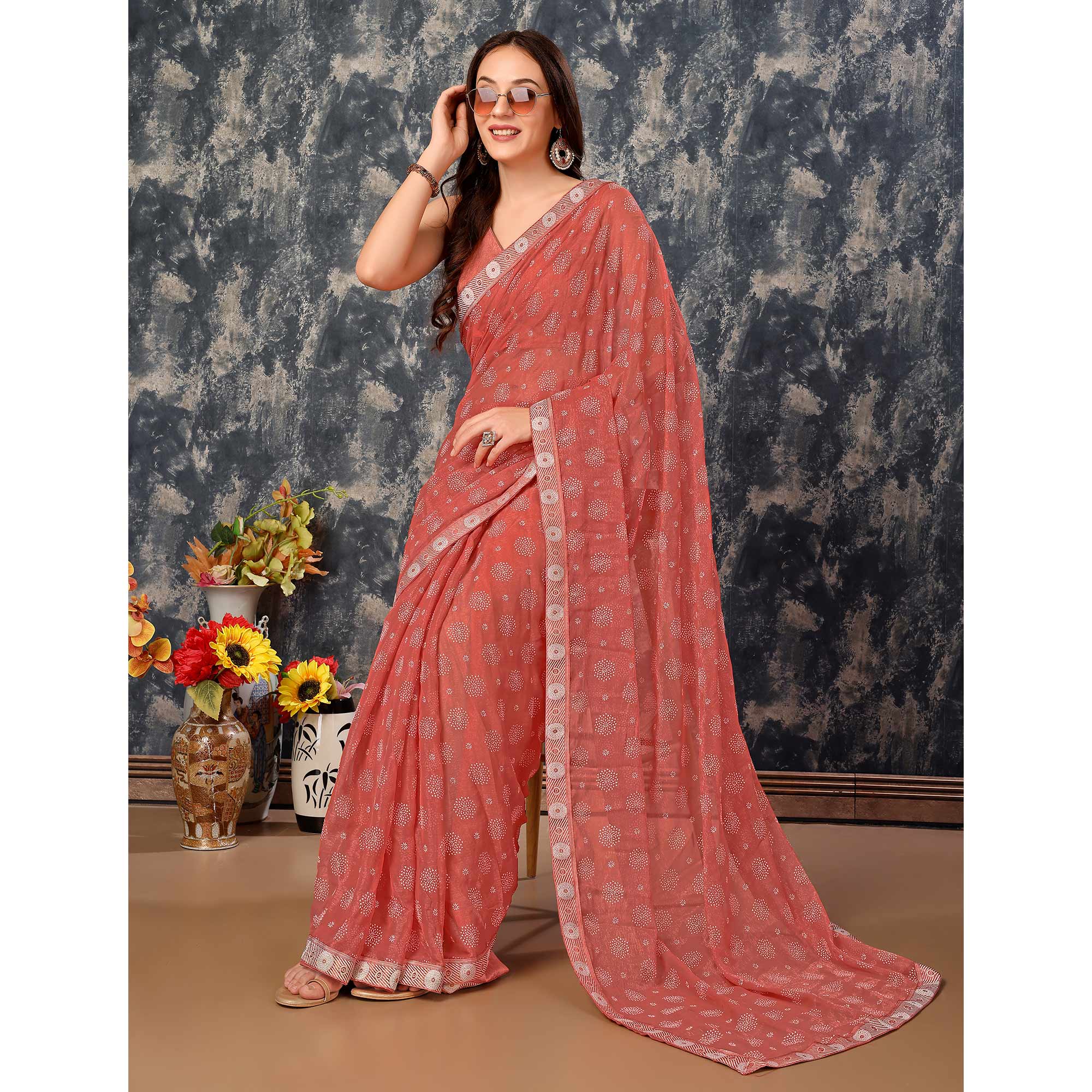 Peach Printed Chiffon Saree With Lace Border