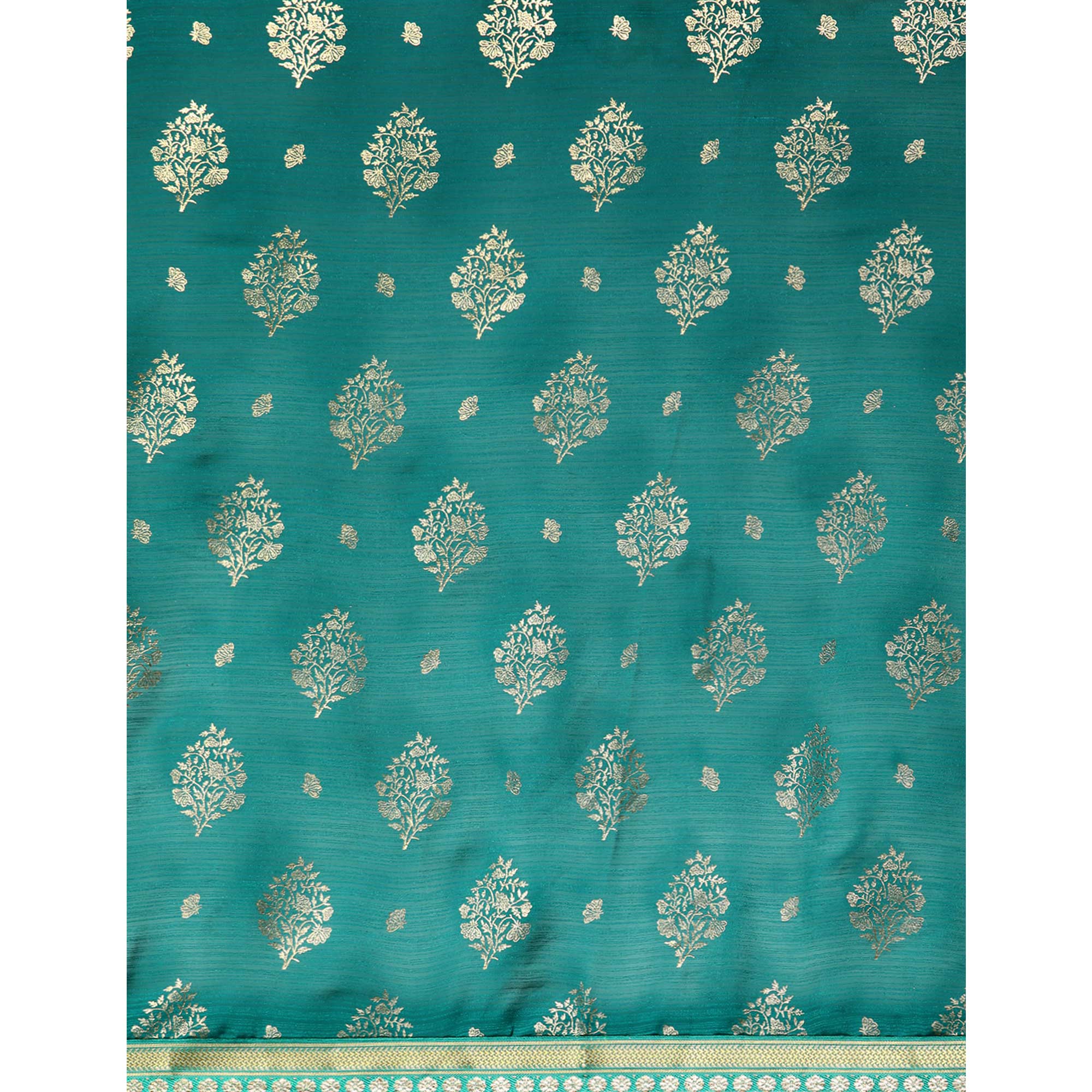 Turquoise Floral Foil Printed Chiffon Saree With Tassels