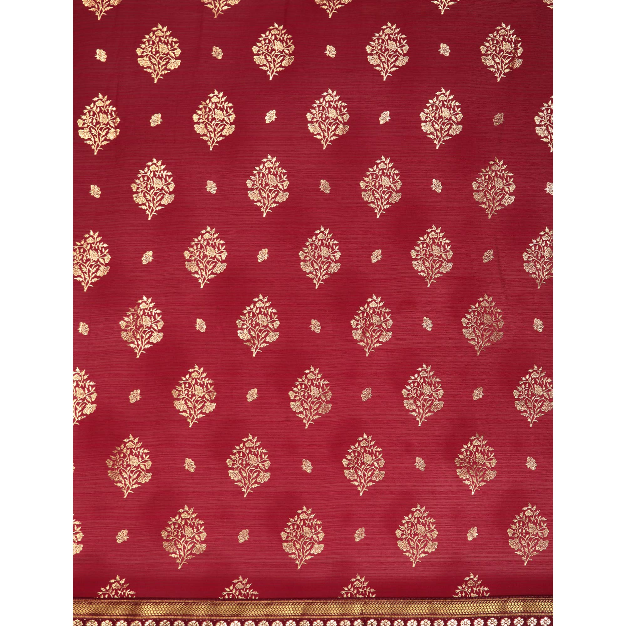 Wine Floral Foil Printed Chiffon Saree With Tassels