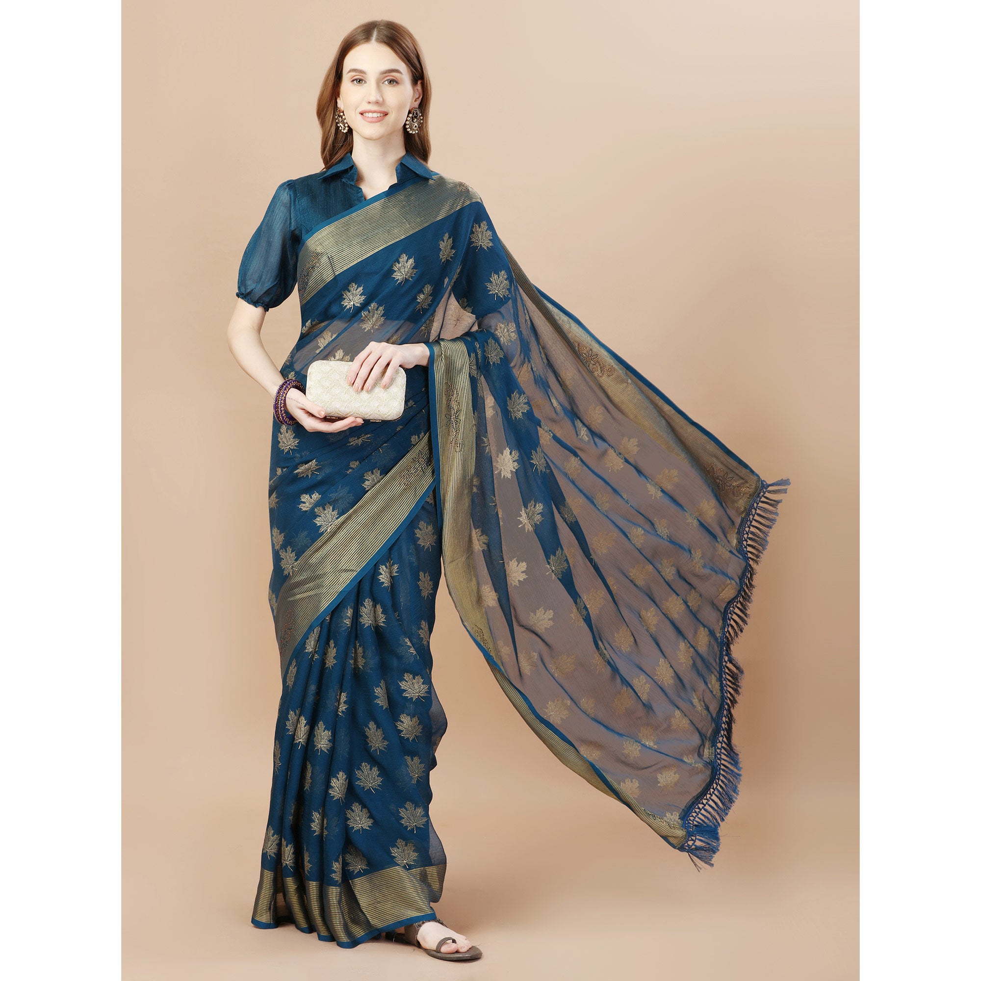 Teal Blue Zari Work Chiffon Saree With Tassels