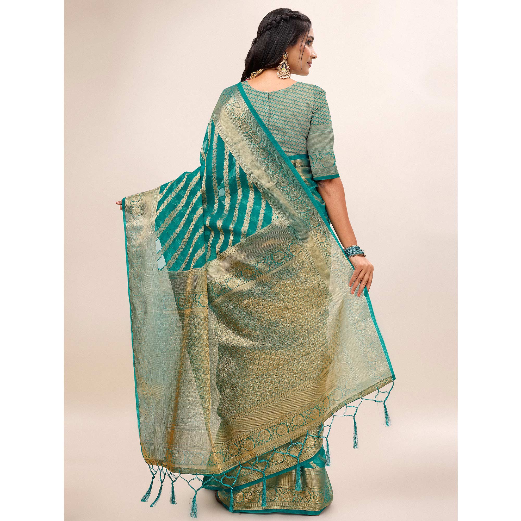 Rama Green Woven Organza Saree With Tassels