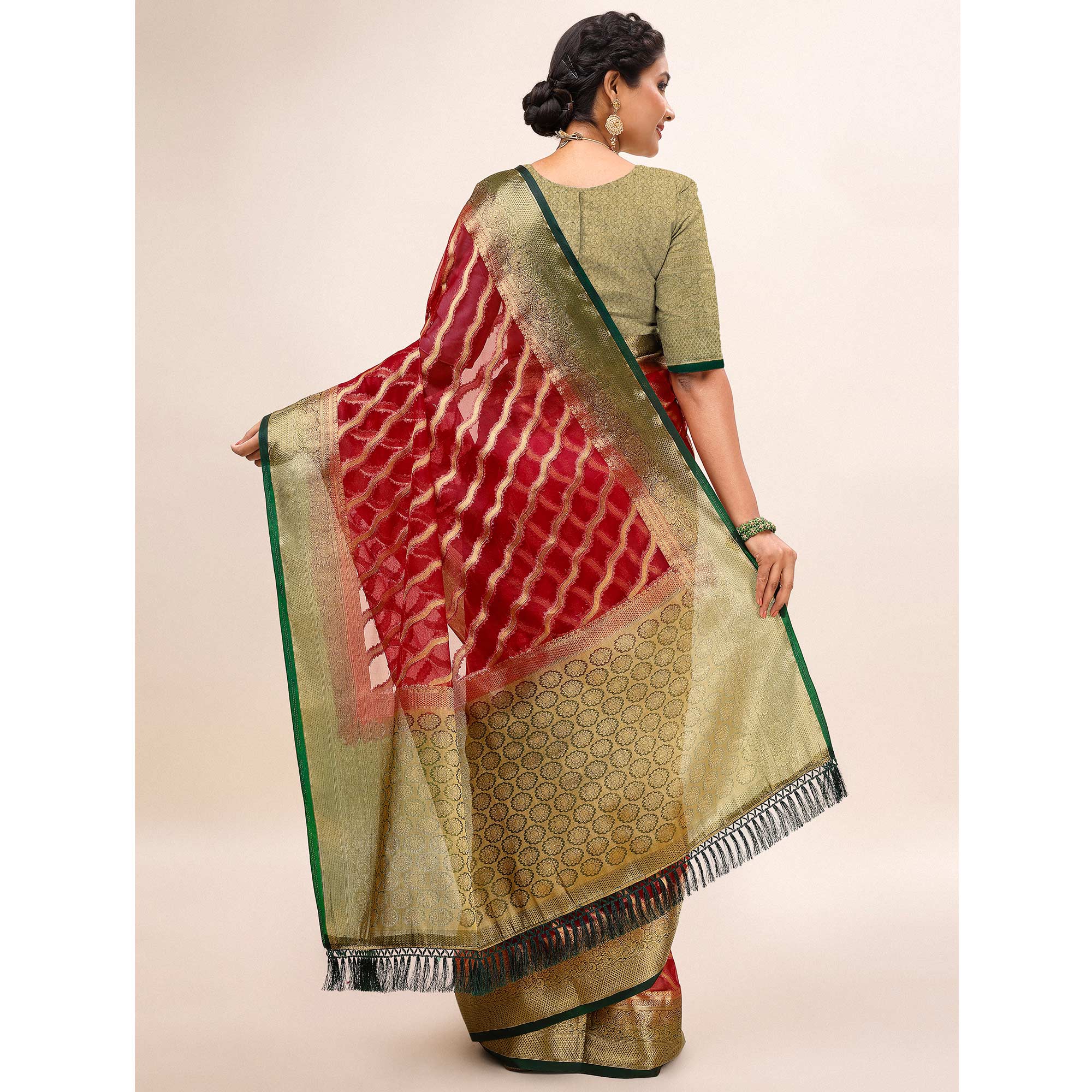 Maroon Woven Organza Saree With Tassels