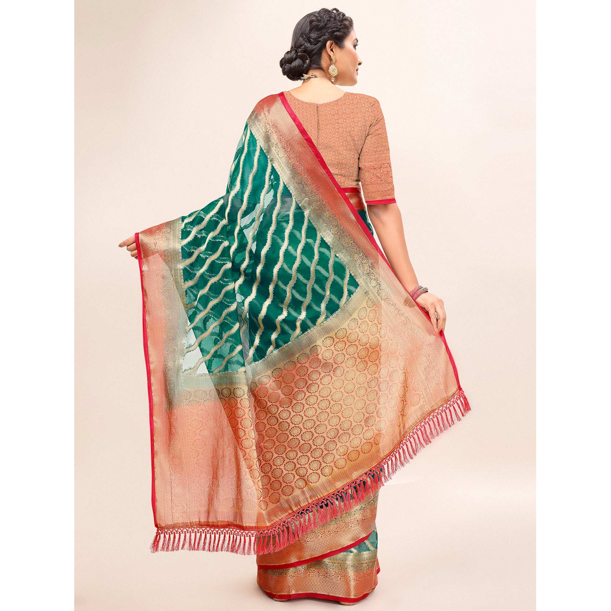 Teal Green Woven Organza Saree With Tassels