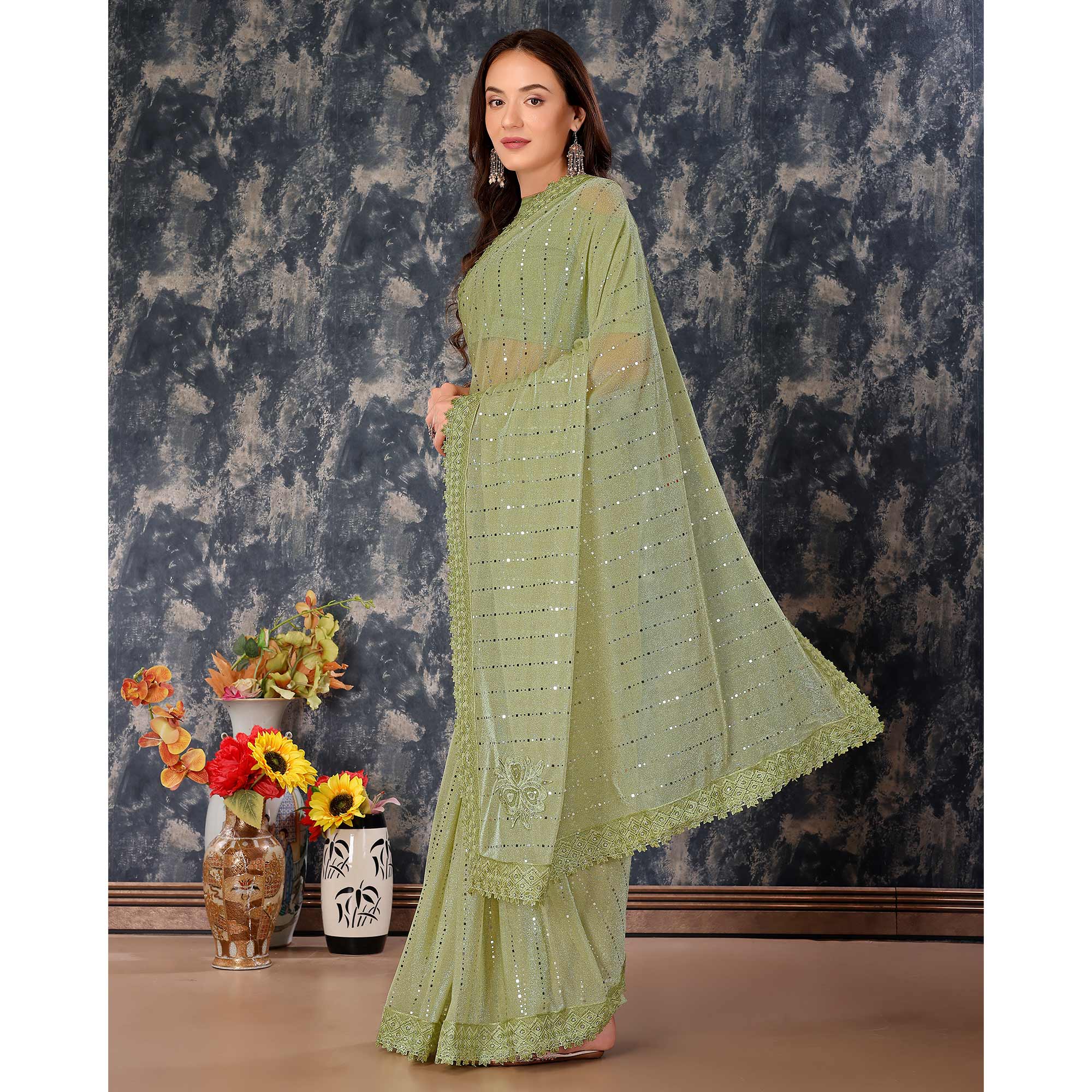 Green Tikali With Floral Embroidered Lycra Saree