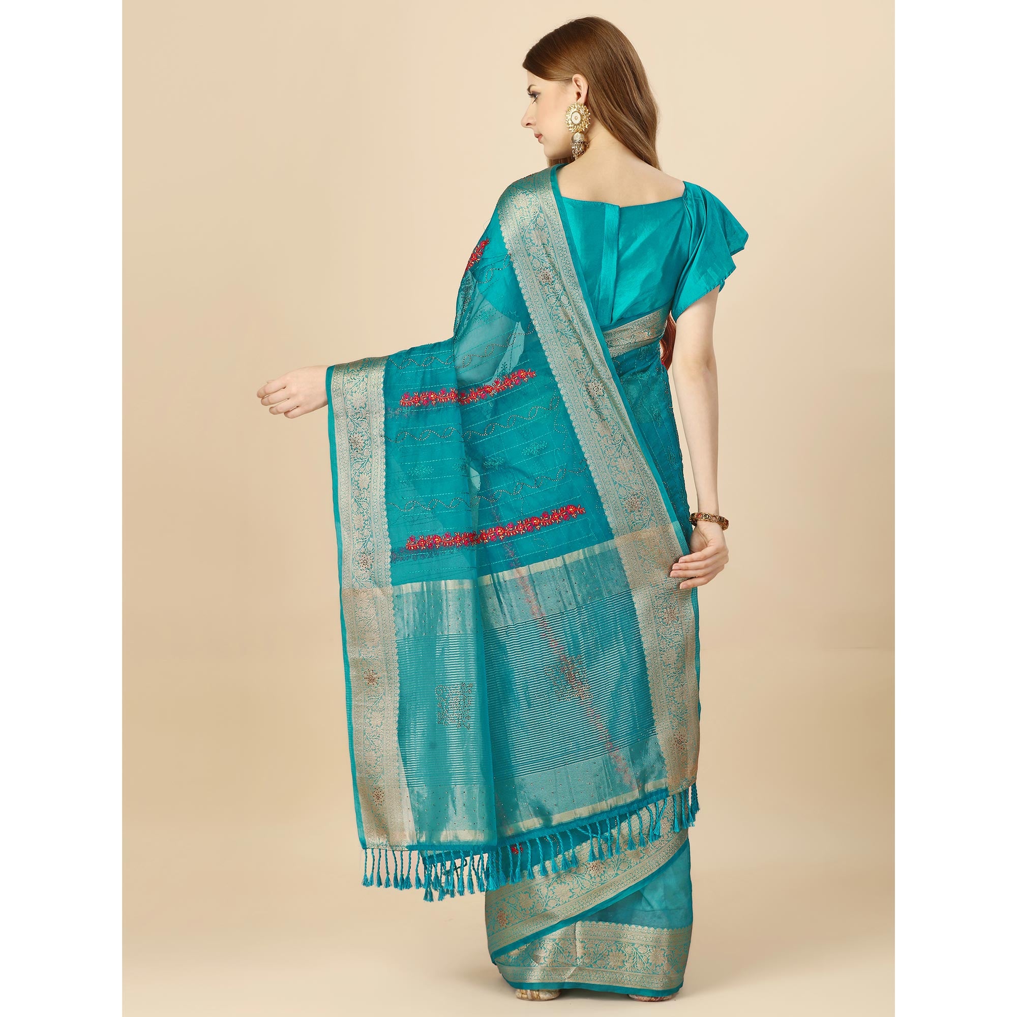 Rama Blue Floral Embroidery With Swarovski Work Organza Saree