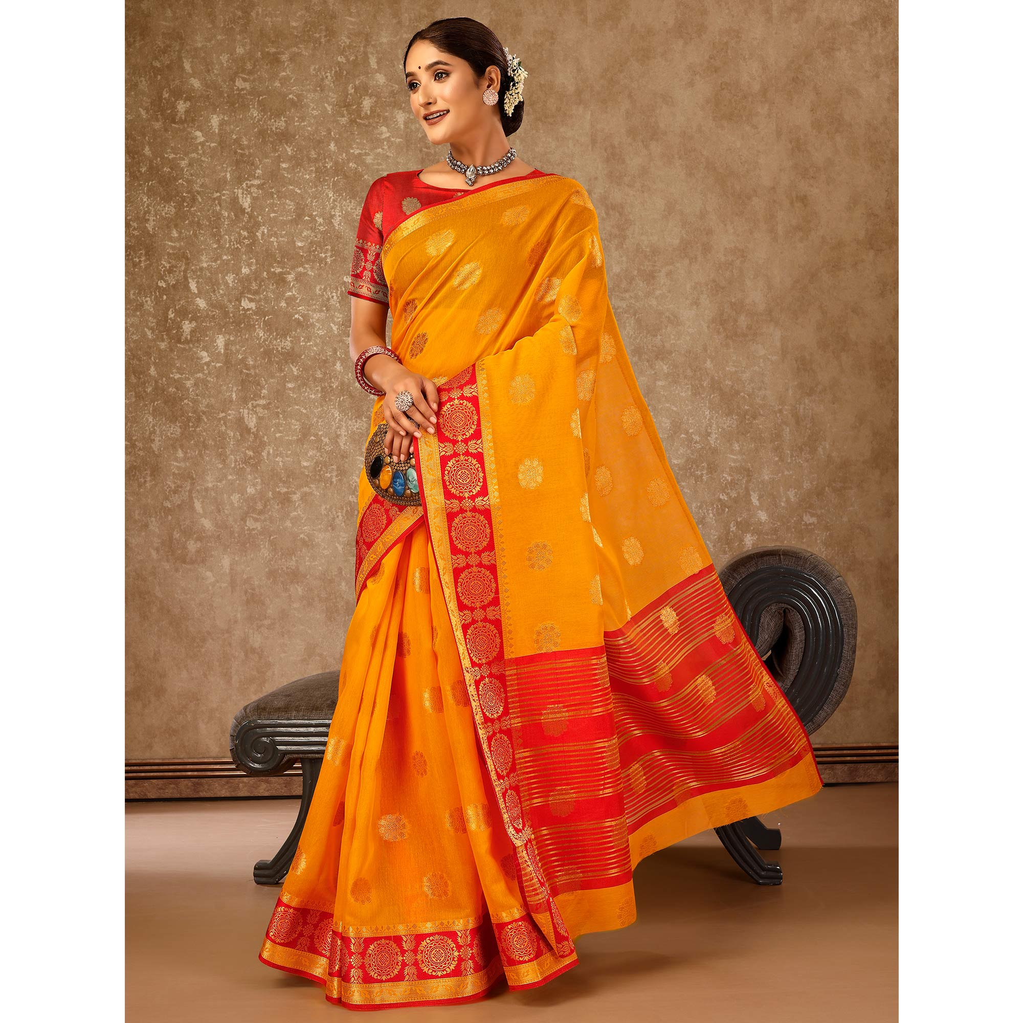 Mustard Floral Zari Woven Cotton Silk Saree