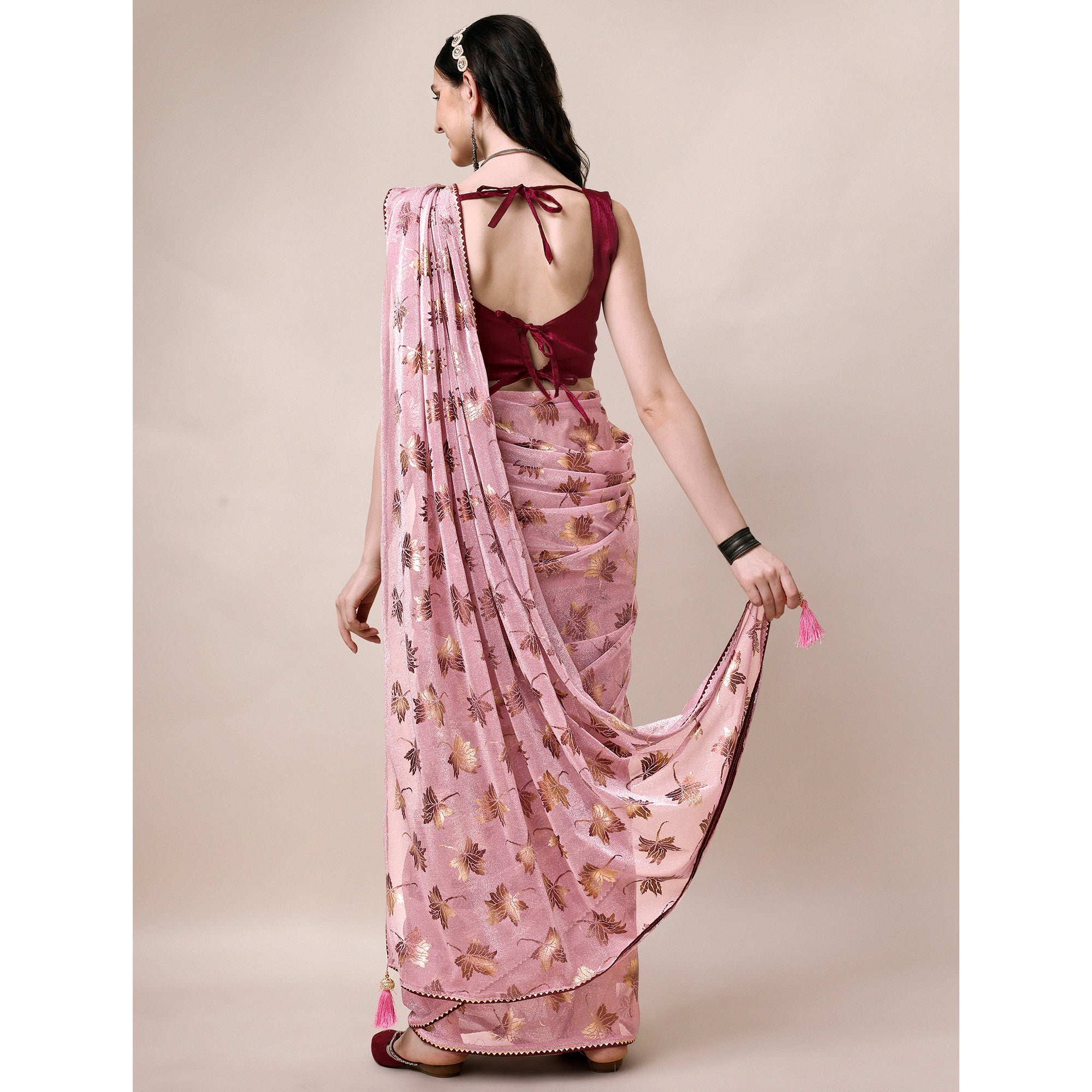 Pink Floral Foil Printed Rayon Saree