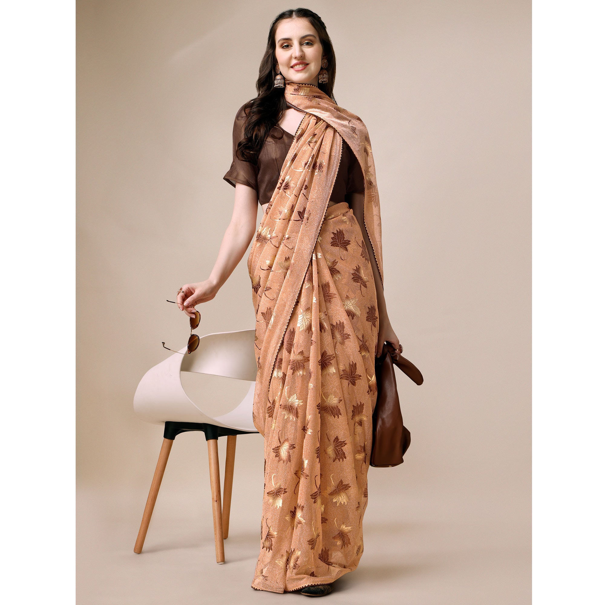 Peach Floral Foil Printed Rayon Saree
