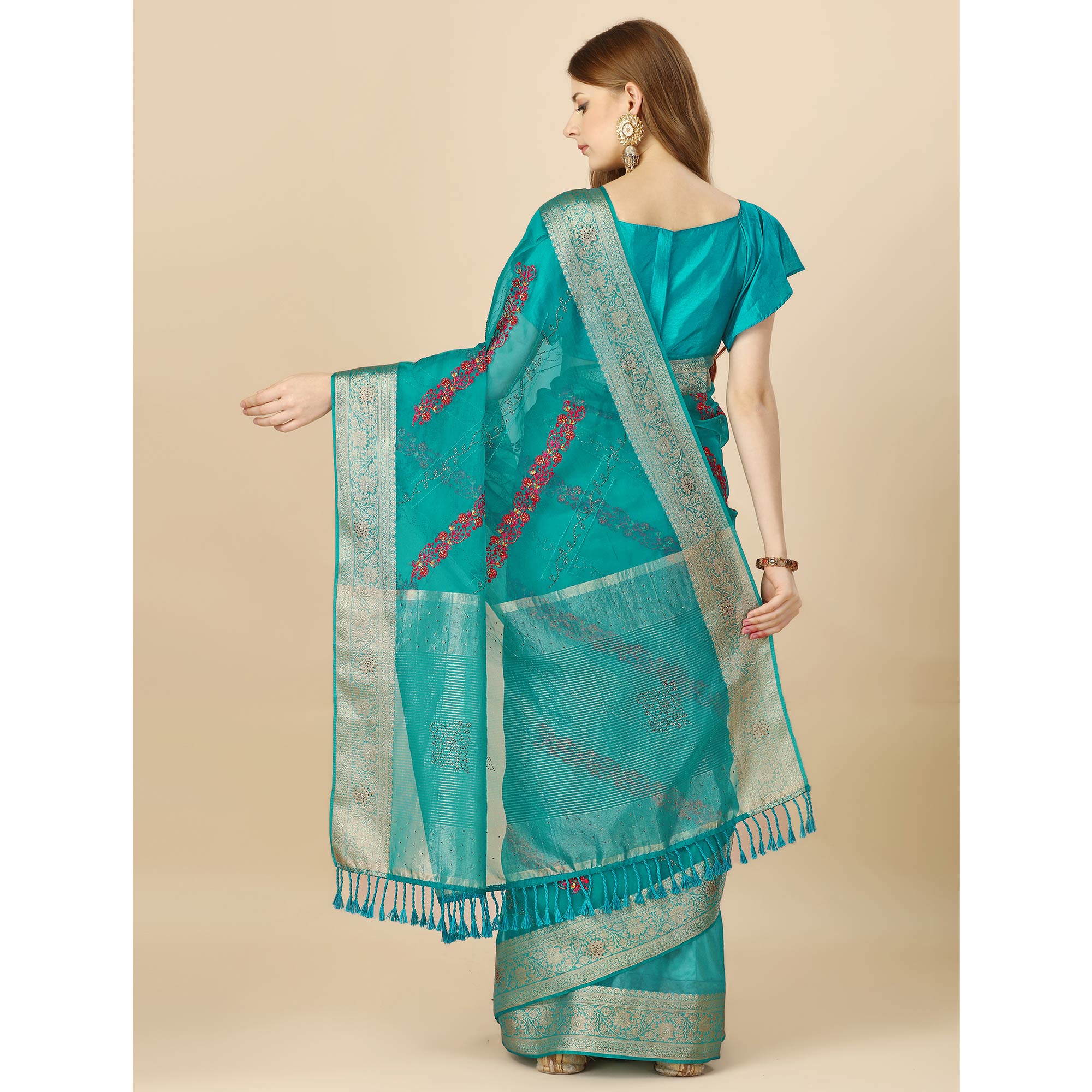Rama Blue Floral Embroidery With Swarovski Work Organza Saree
