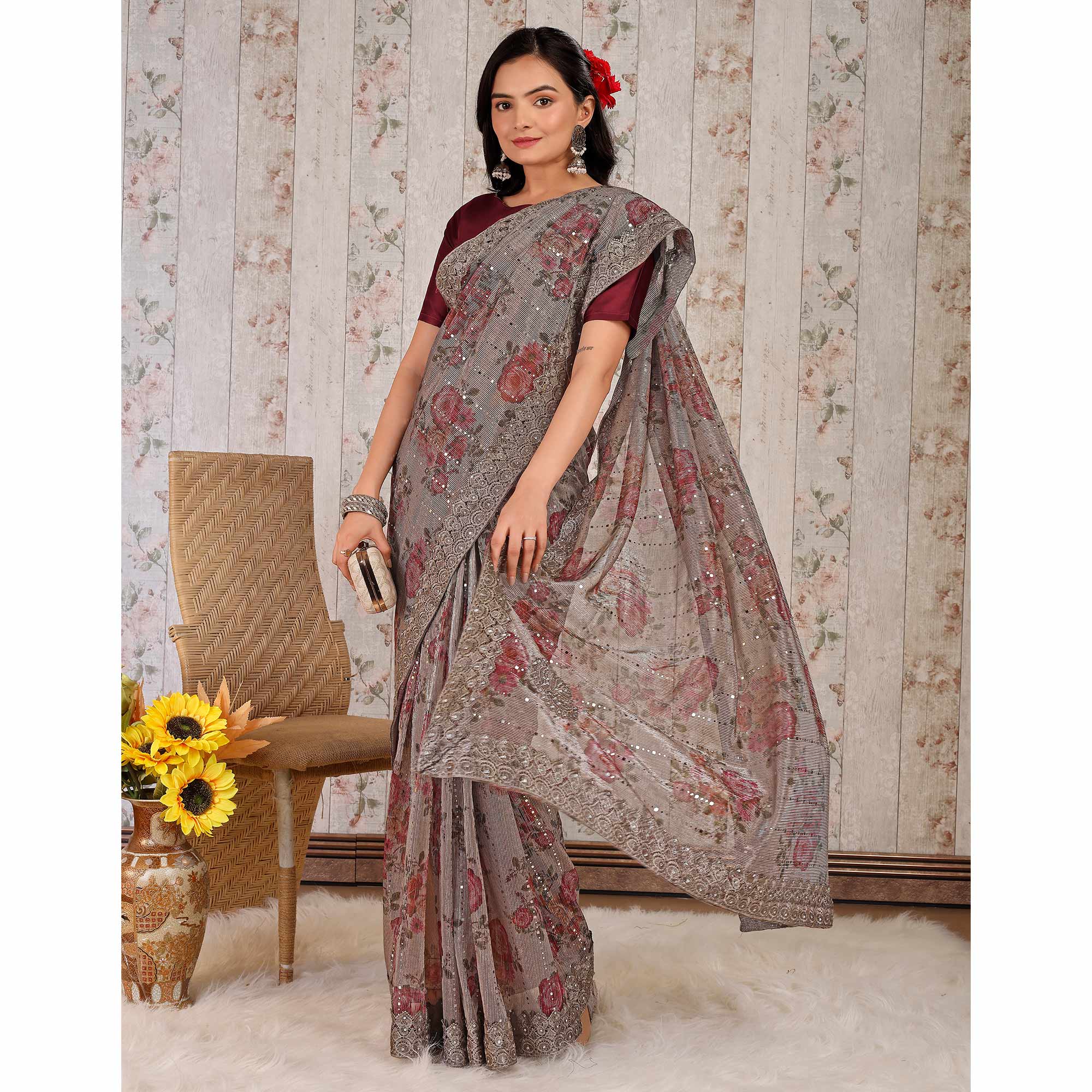Grey Floral Digital Printed Lycra Saree With Embroidered Border
