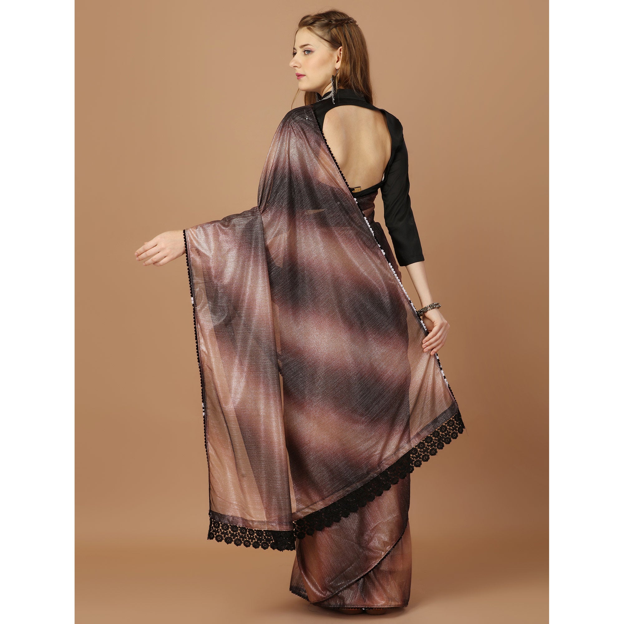Brown Digital Printed Lycra Saree With Lace Border