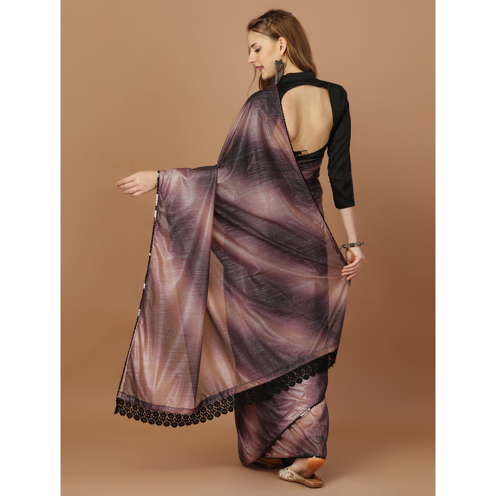 Purple Digital Printed Lycra Saree With Lace Border
