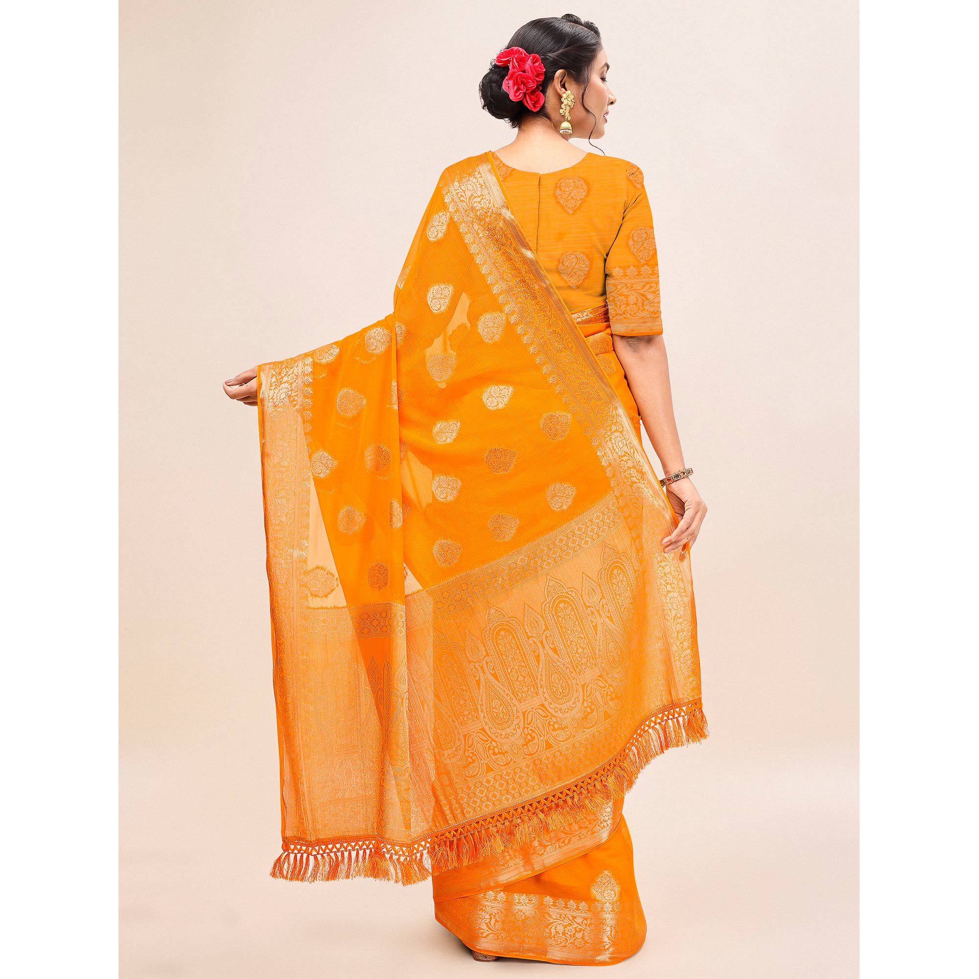 Yellow Woven Chiffon Saree With Tassels