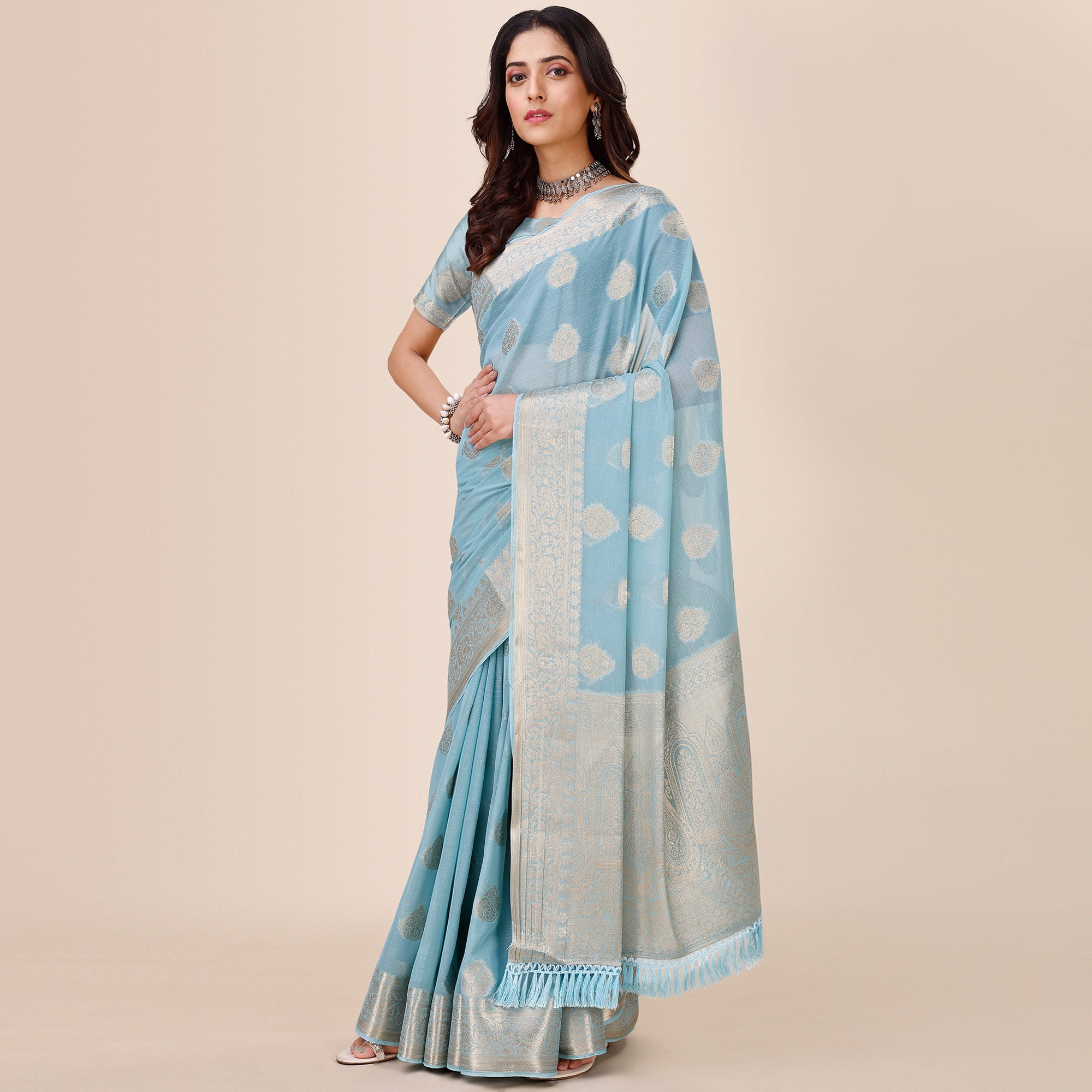 Sky Blue Woven Chiffon Saree