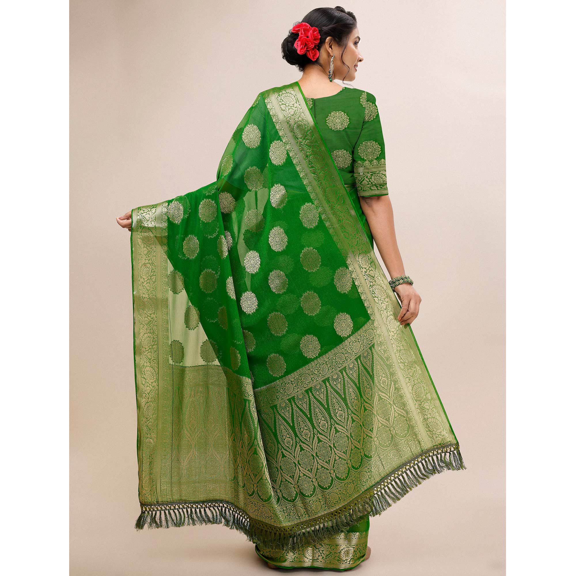 Green Woven Chiffon Saree With Tassels