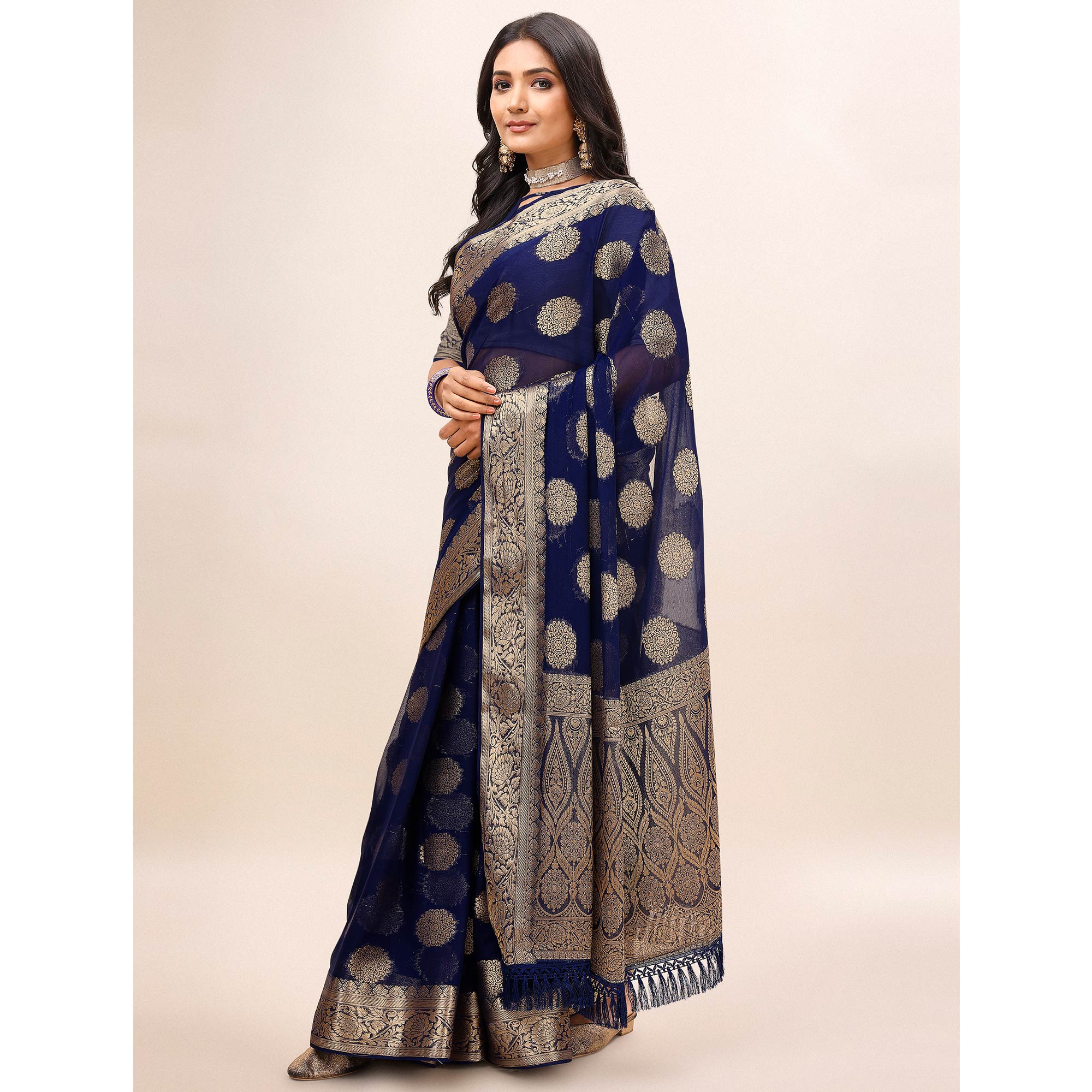 Navy Blue Woven Chiffon Saree With Tassels