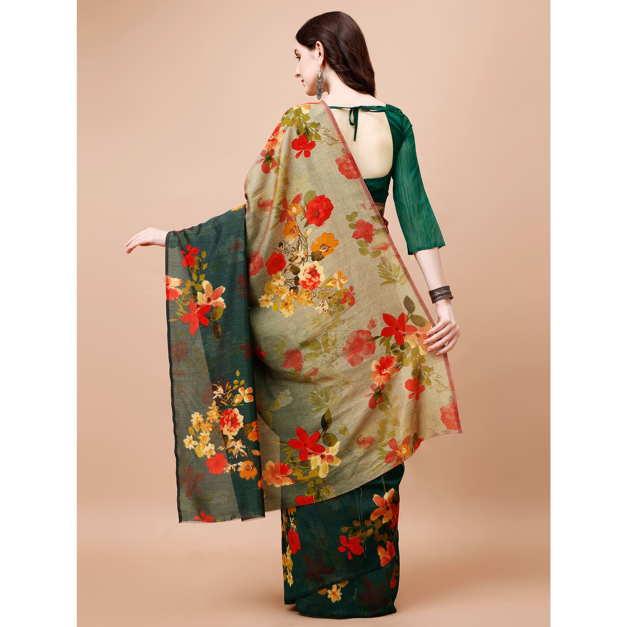 Green & Brown Floral Printed Vichitra Silk Saree