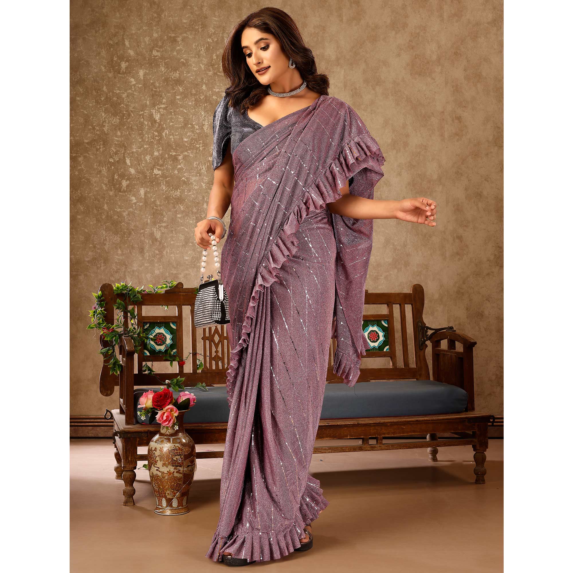 Purple Tikki Work Lycra Ready To Wear Ruffle Saree