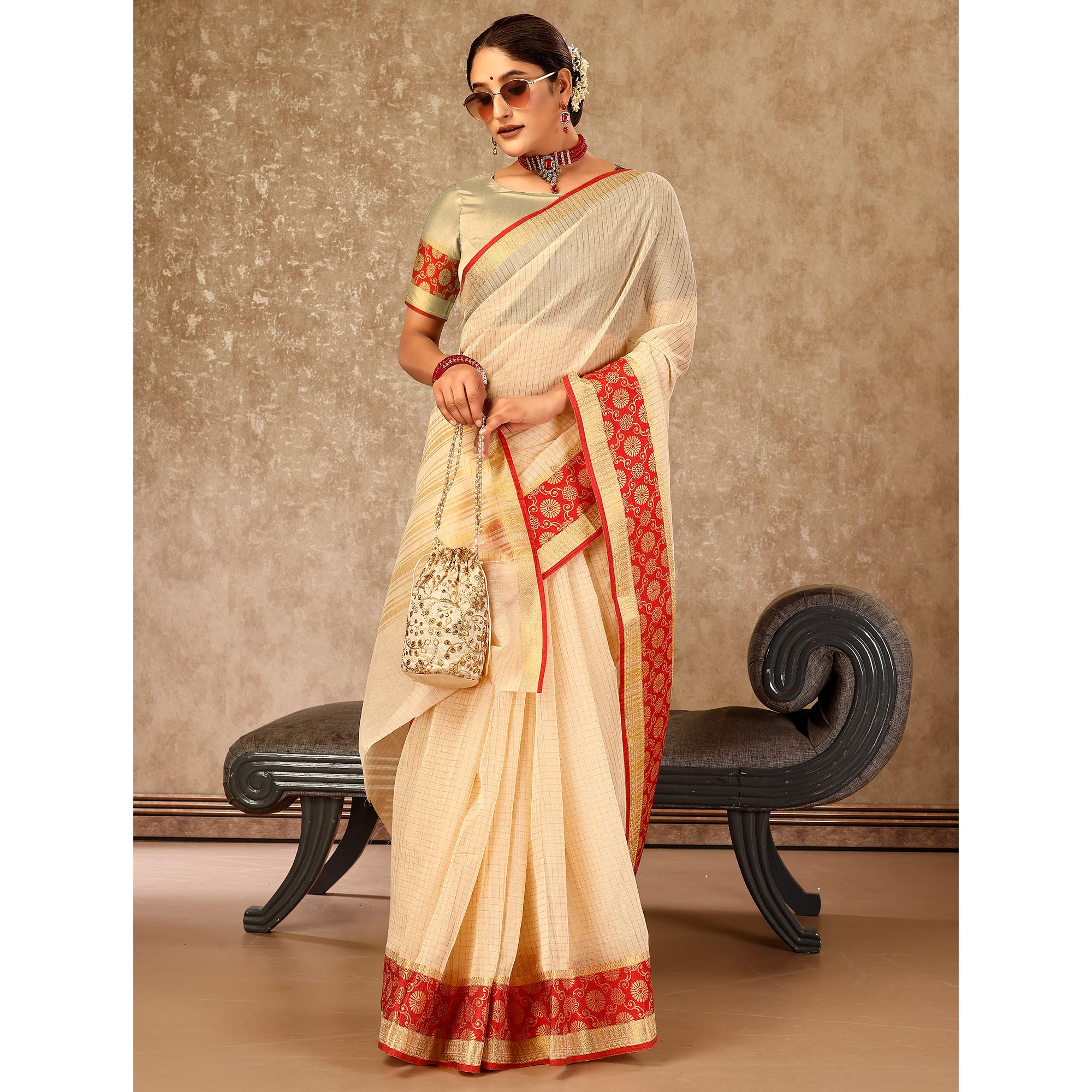 Beige Zari Woven Cotton Silk Saree