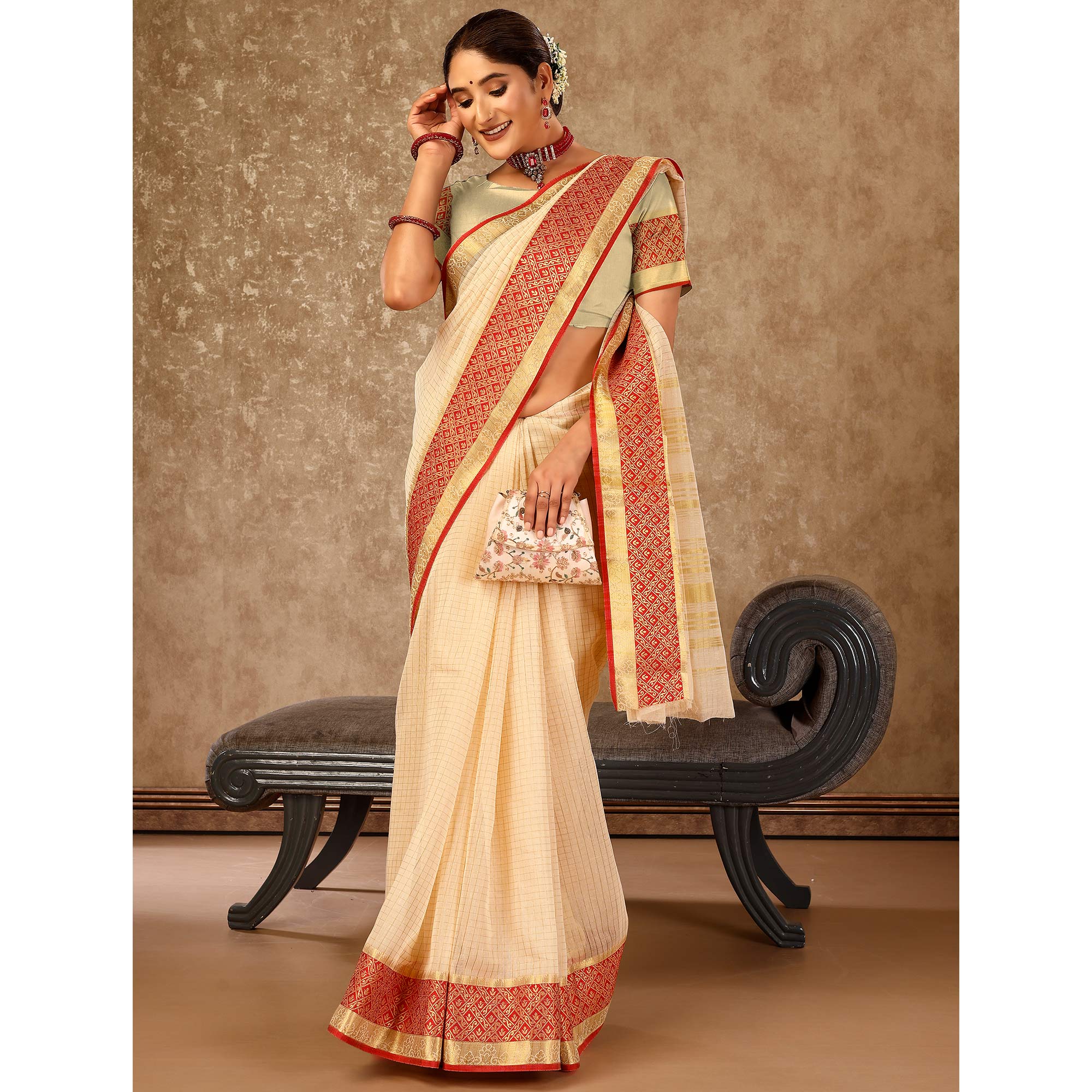 Beige Zari Woven Cotton Silk Saree