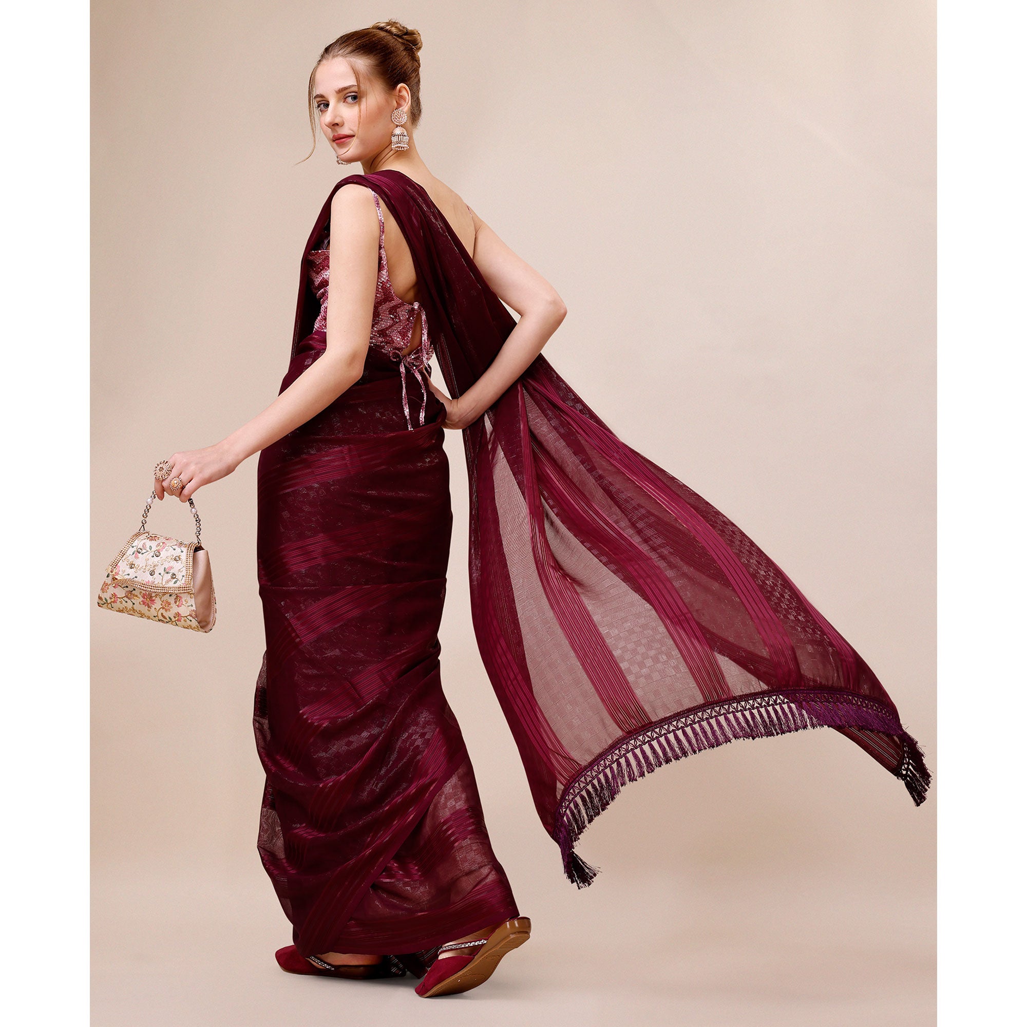 Wine Striped Woven Chiffon Saree
