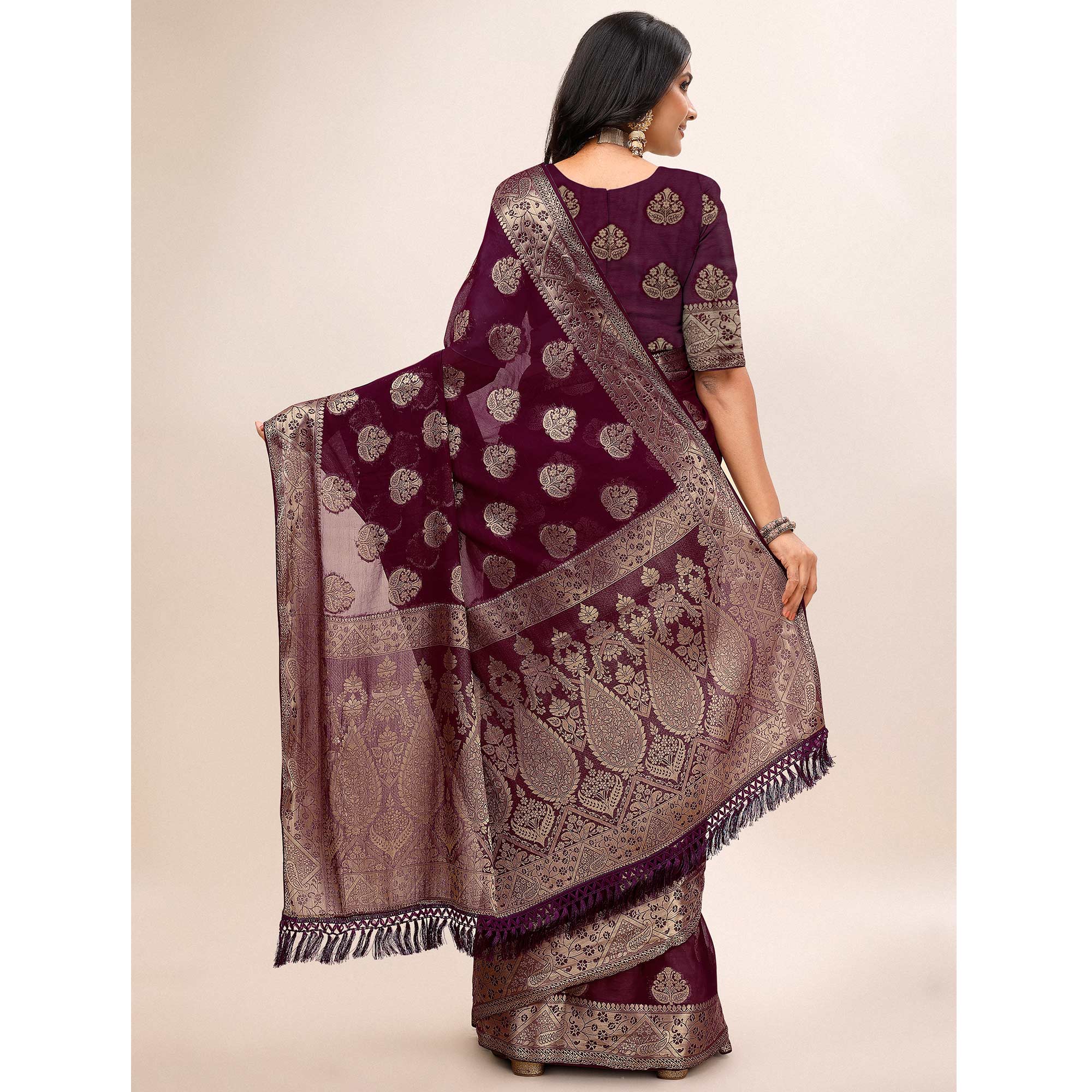 Wine Woven Chiffon Saree With Tassels