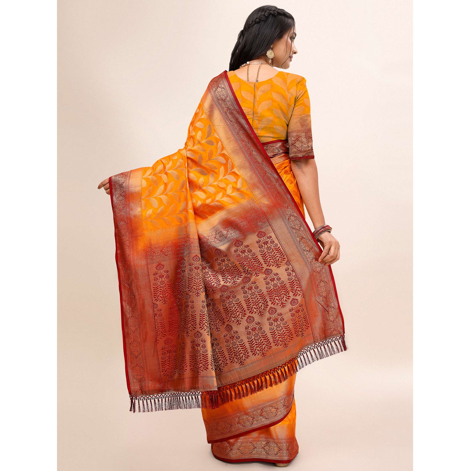 Orange Woven Dola Silk Saree With Tassels
