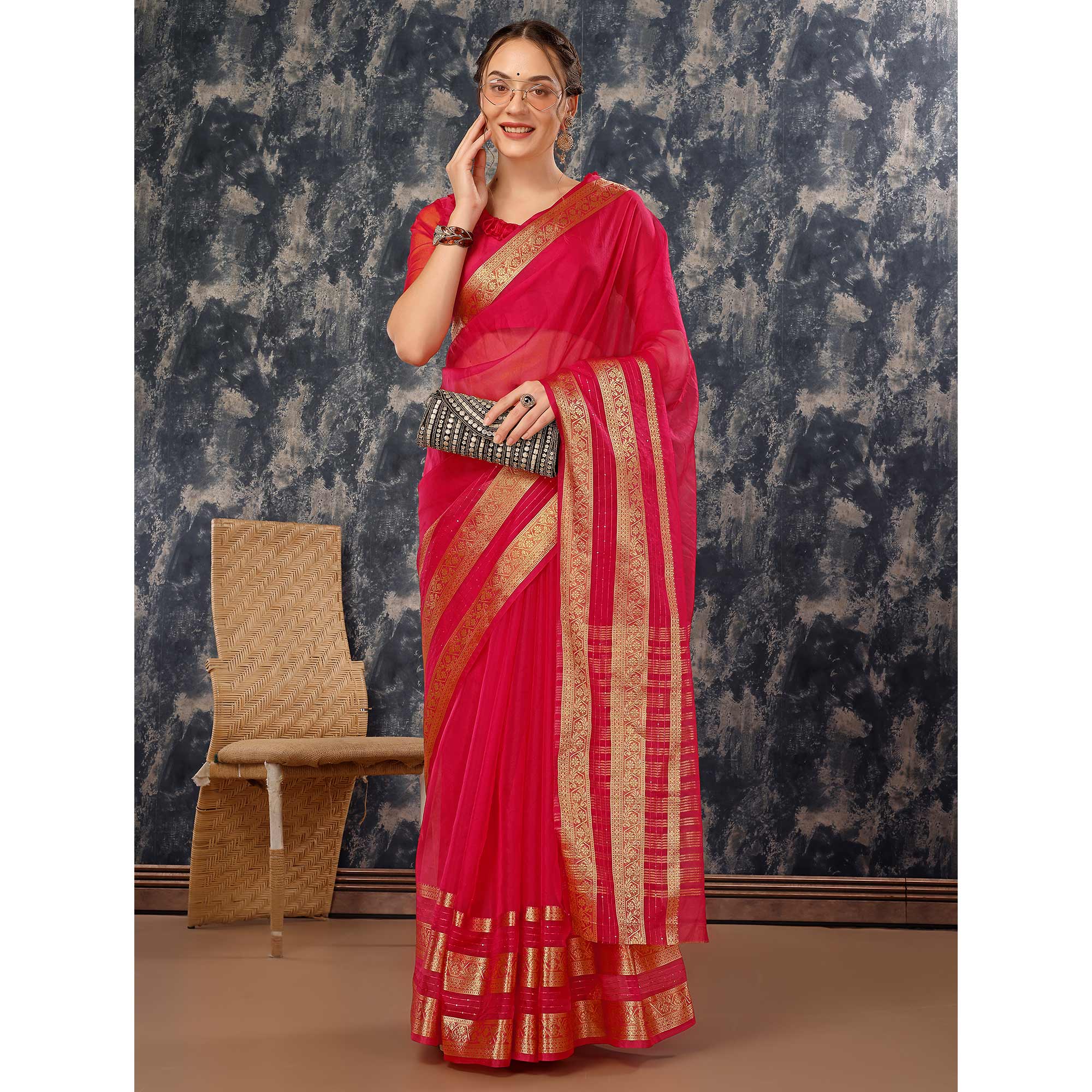Pink Floral Zari Woven Organza Saree
