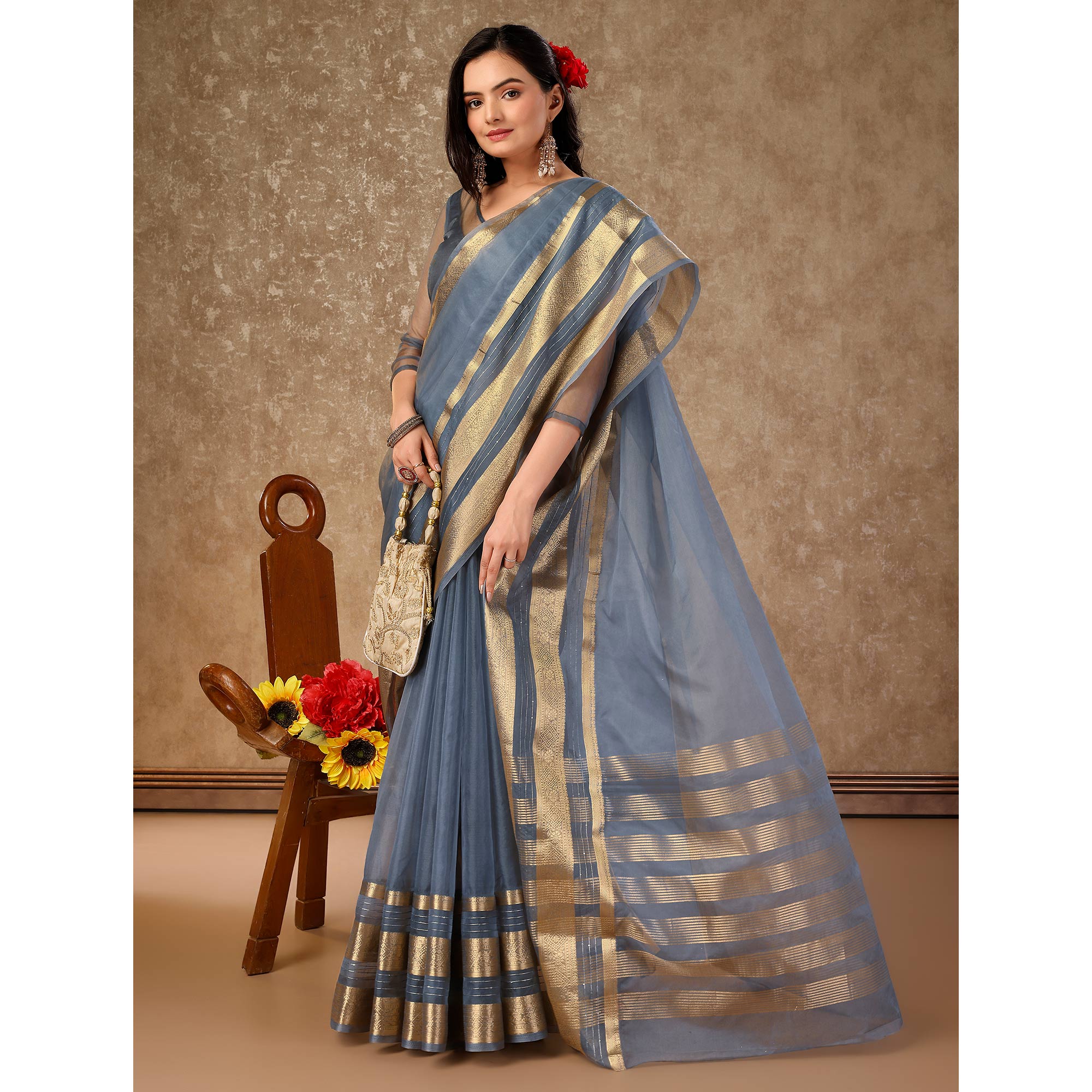 Grey Floral Zari Woven Organza Saree