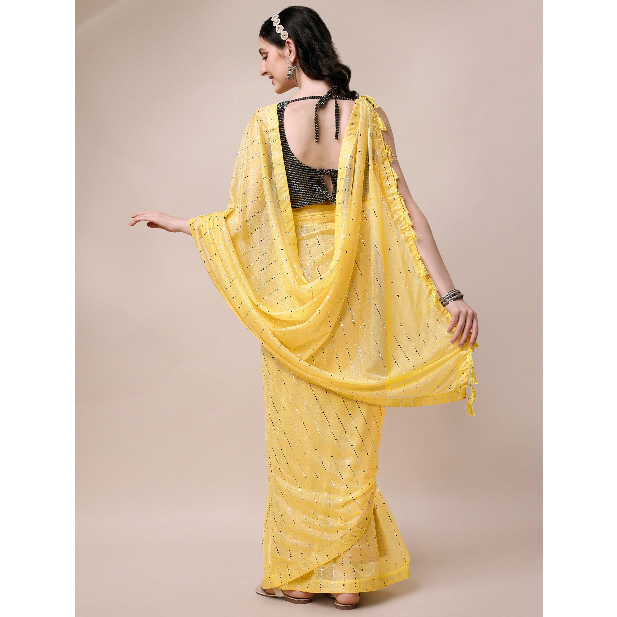 Yellow Striped Foil Printed Rayon Saree
