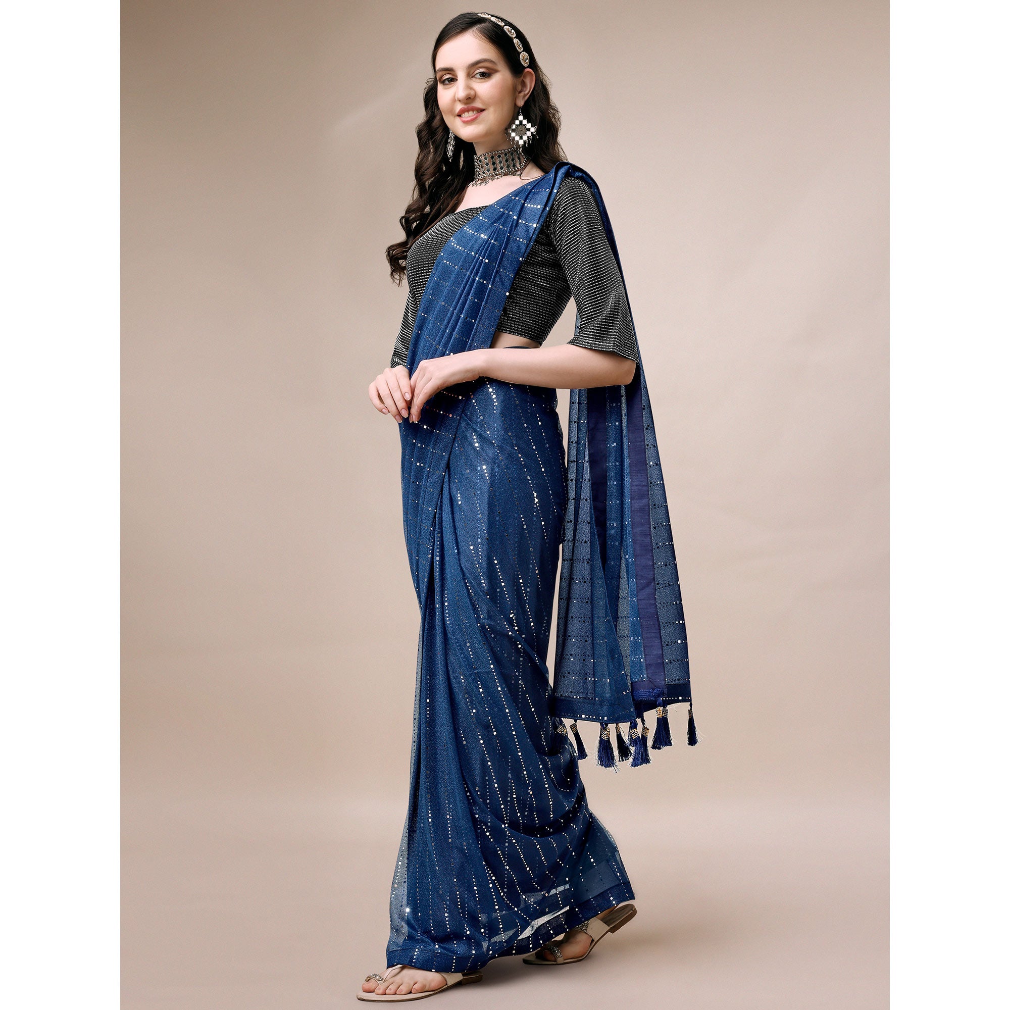 Blue Striped Foil Printed Rayon Saree